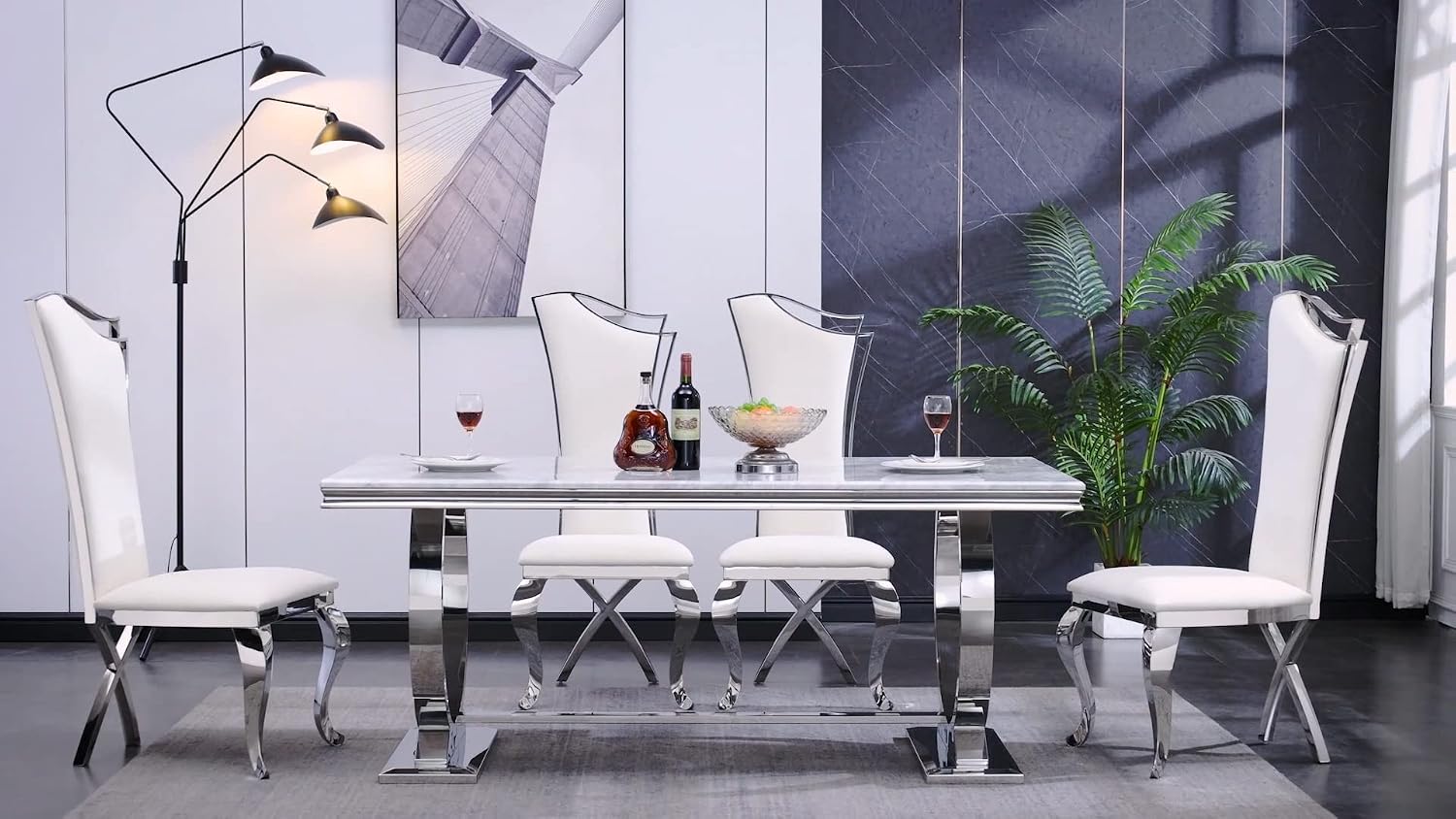 ACEDÉCOR Dining Chairs, White Faux Leather Dining Chairs Set of 6, Gorgeous Streamlined High Back Chair with Silver Mirror Curved and X-Shaped Stainless Steel Legs