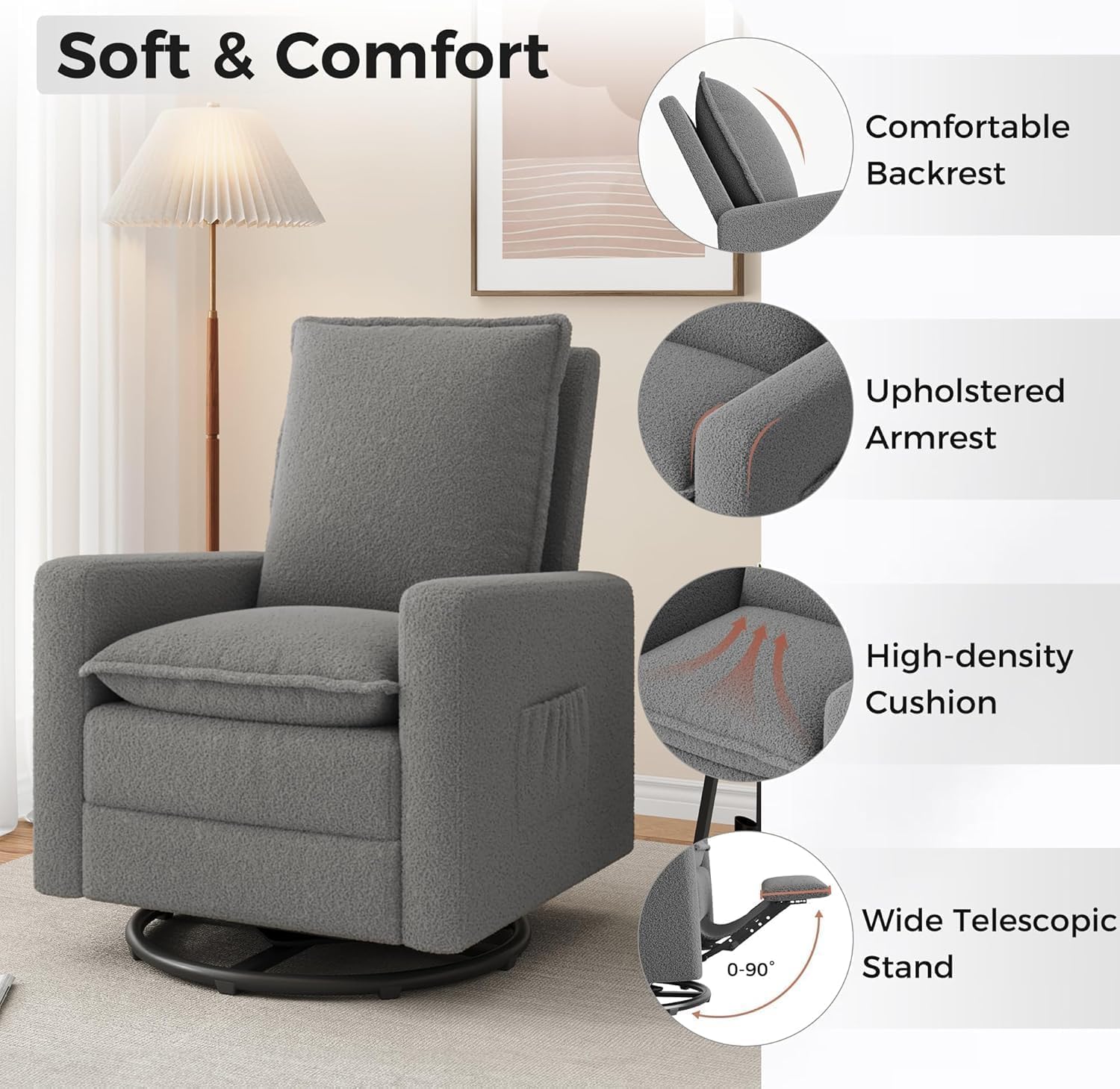 Amopatio Swivel Glider Recliner for Indoor Nursery Rocker Chair Upholstered Single Sofa with Side Pockets and Footrest for Living Room Bedroom(Gray)