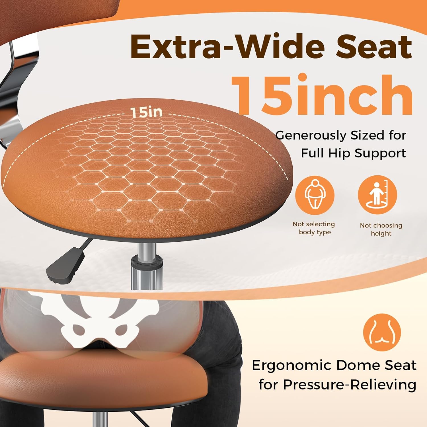 Rolling Stool Chair with Wheels, Office Drafting Chair with Back Support, Height Adjustable Standing Desk Stool with PU Leather Cushion for Home Office Kitchen Vanity Spa Garage Tattoo Dentist, Camel