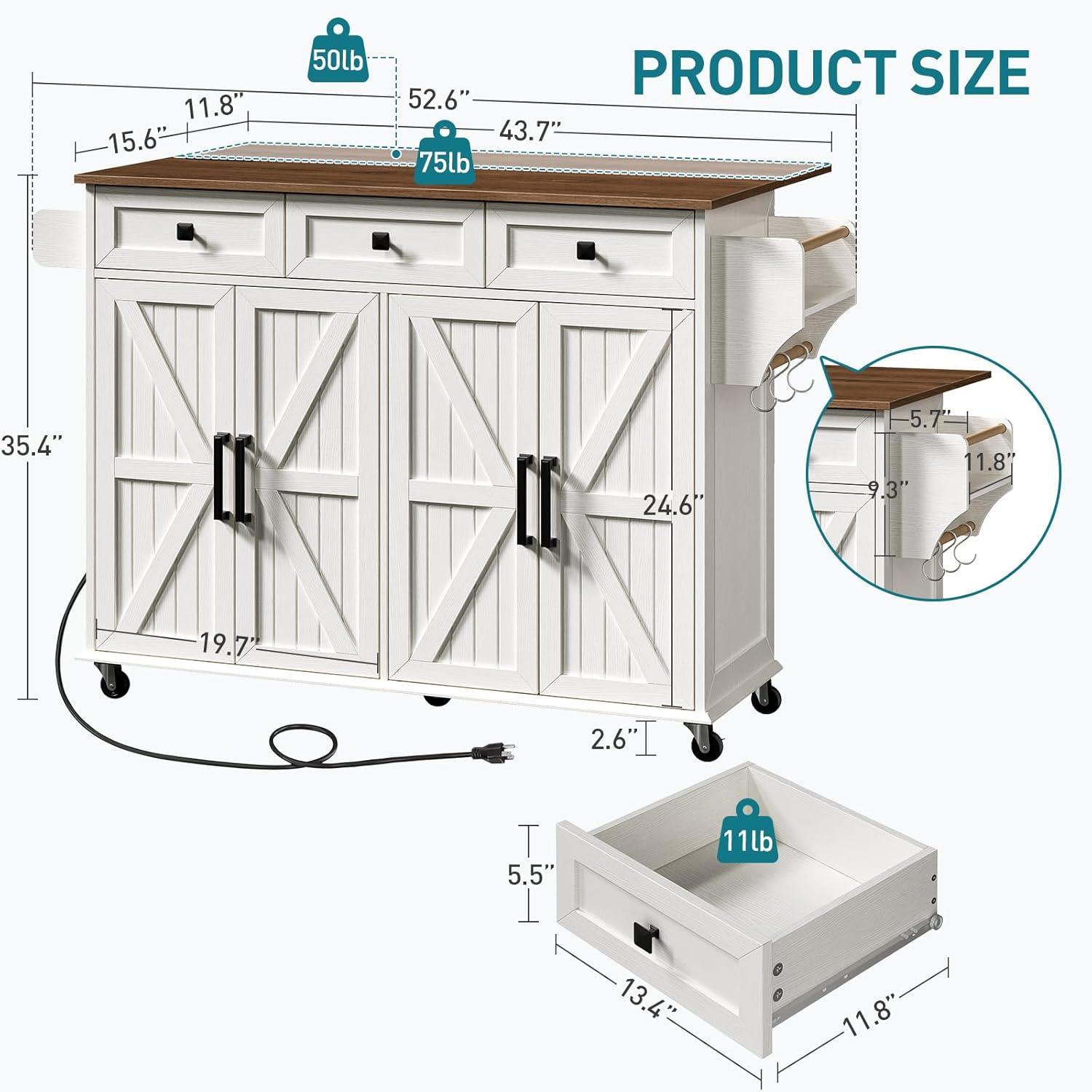 RALGEND Kitchen Island with Drop Leaf & Power Outlet, Rolling Kitchen Island Cart On Wheels, Barn Door Kitchen Island Table with Storage and Tower Rack, Island Table for Kitchen, White and Walnut