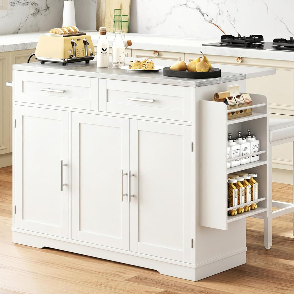 Concho 56'' Rolling Kitchen Island with Seating and Stainless Steel Countertop, Mobile Kitchen Carts with Folding Drop Leaf, 2 Bar Stools, Power Outlet, Spice/Towel Rack, Zircon White