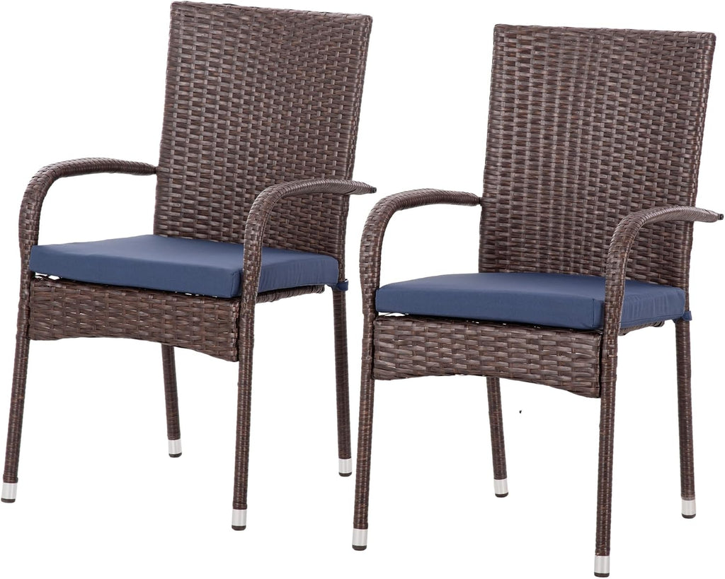 Patio Dining Chairs, Stackable PE Rattan Wicker Outdoor Dining Chairs with Cushion Armrests Backrest, Blue Patio Chair Garden Chair for Backyard Patio Balcony Dining Seating
