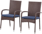 Patio Dining Chairs, Stackable PE Rattan Wicker Outdoor Dining Chairs with Cushion Armrests Backrest, Blue Patio Chair Garden Chair for Backyard Patio Balcony Dining Seating