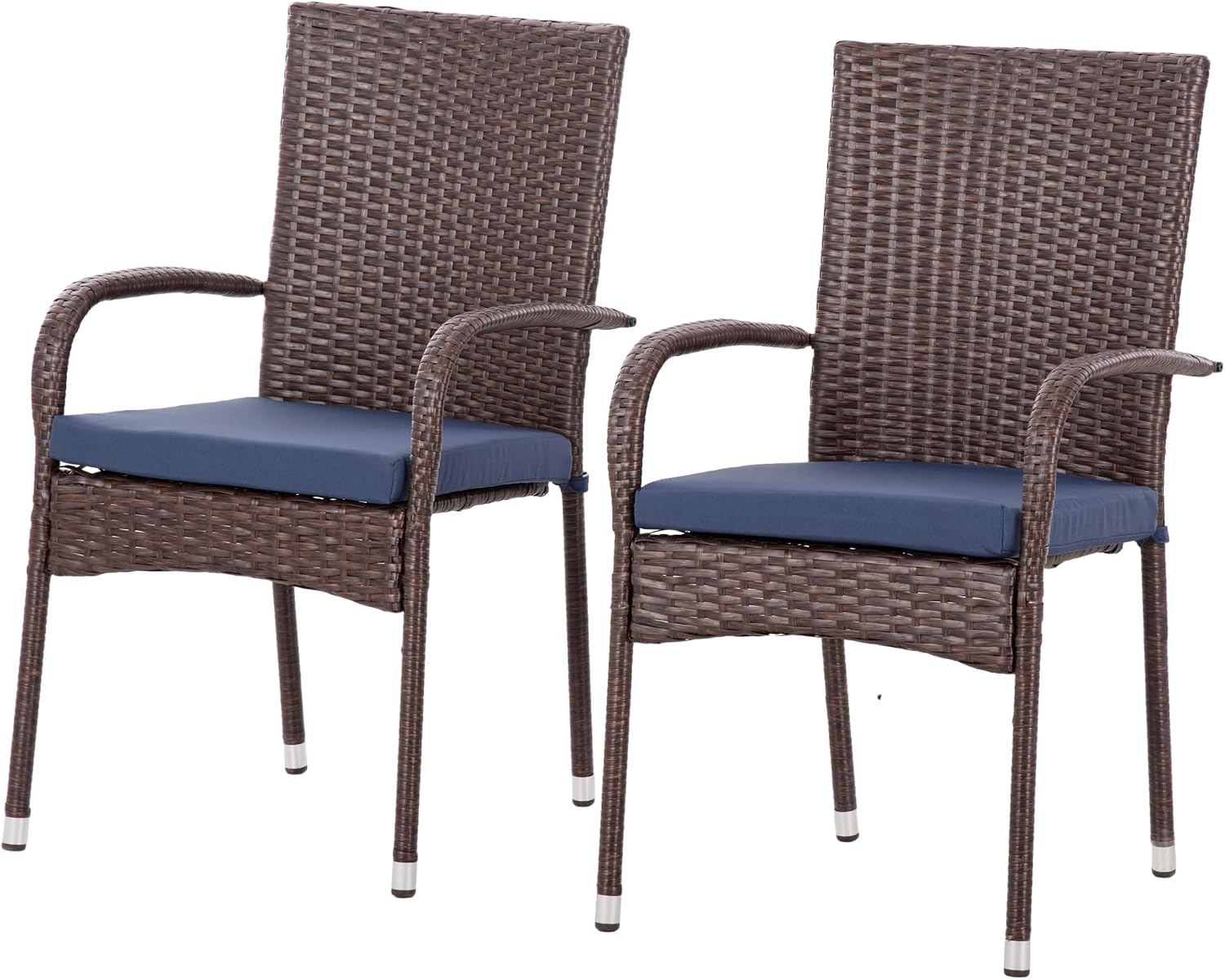Patio Dining Chairs, Stackable PE Rattan Wicker Outdoor Dining Chairs with Cushion Armrests Backrest, Blue Patio Chair Garden Chair for Backyard Patio Balcony Dining Seating