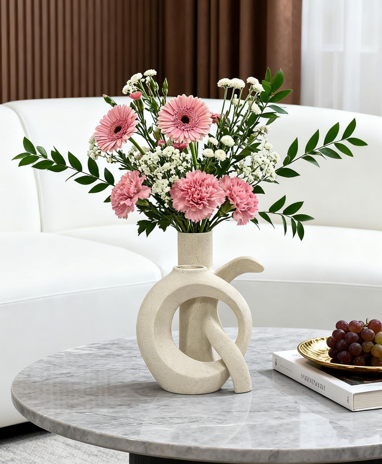 Ceramic Vase Set of 2, OK Shape, Modern Nordic Boho Home Decor - Matte Minimalist Decorative Vases for Living Room, Shelf, Wedding Centerpiece, Table Decor (Cream White)
