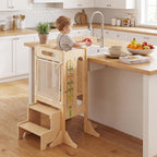 OLAKIDS Toddler Tower Foldable, 4-in-1 Wooden Standing Tower with 2 Step Stool, Chalkboard, Montessori Activity Games Safety Net, Kitchen Stool Helper for Kids 3+ Years