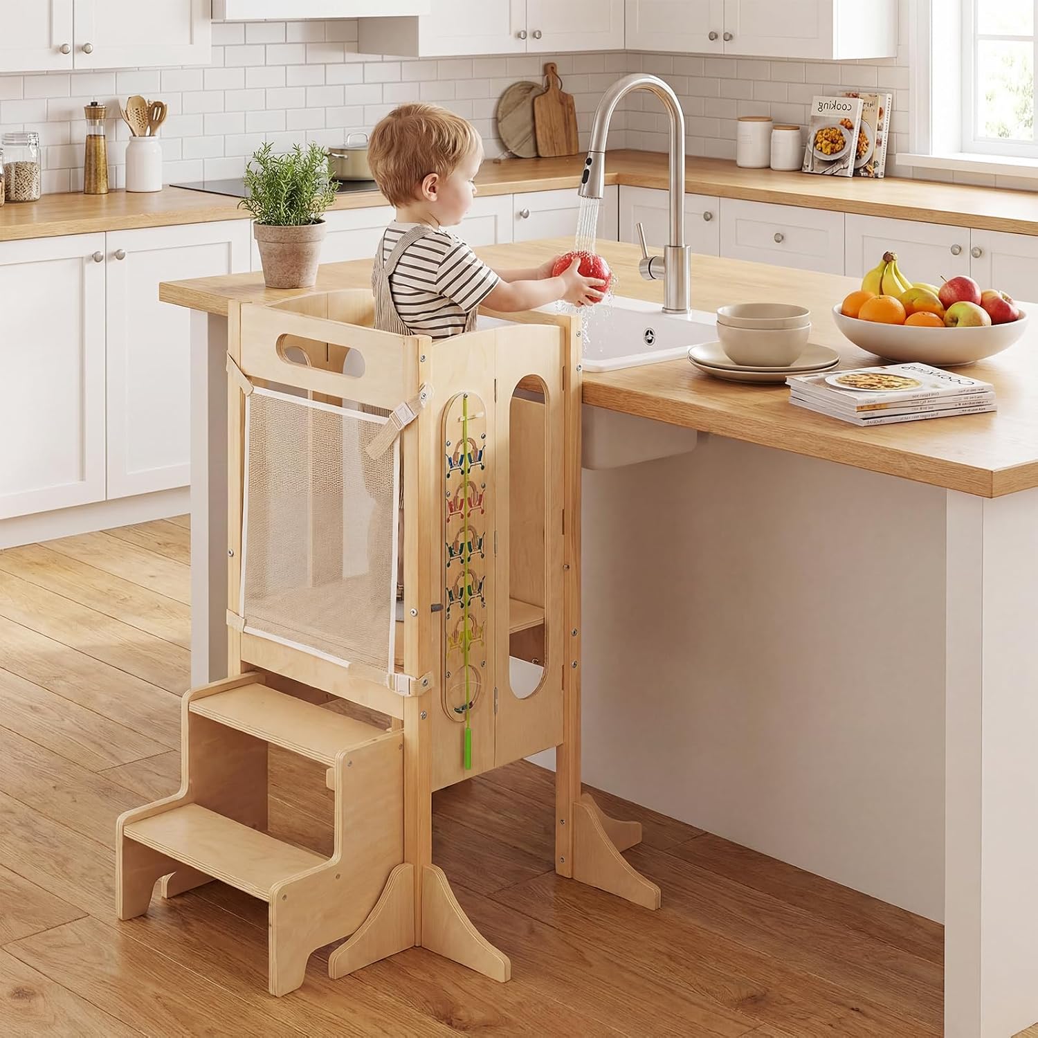 OLAKIDS Toddler Tower Foldable, 4-in-1 Wooden Standing Tower with 2 Step Stool, Chalkboard, Montessori Activity Games Safety Net, Kitchen Stool Helper for Kids 3+ Years