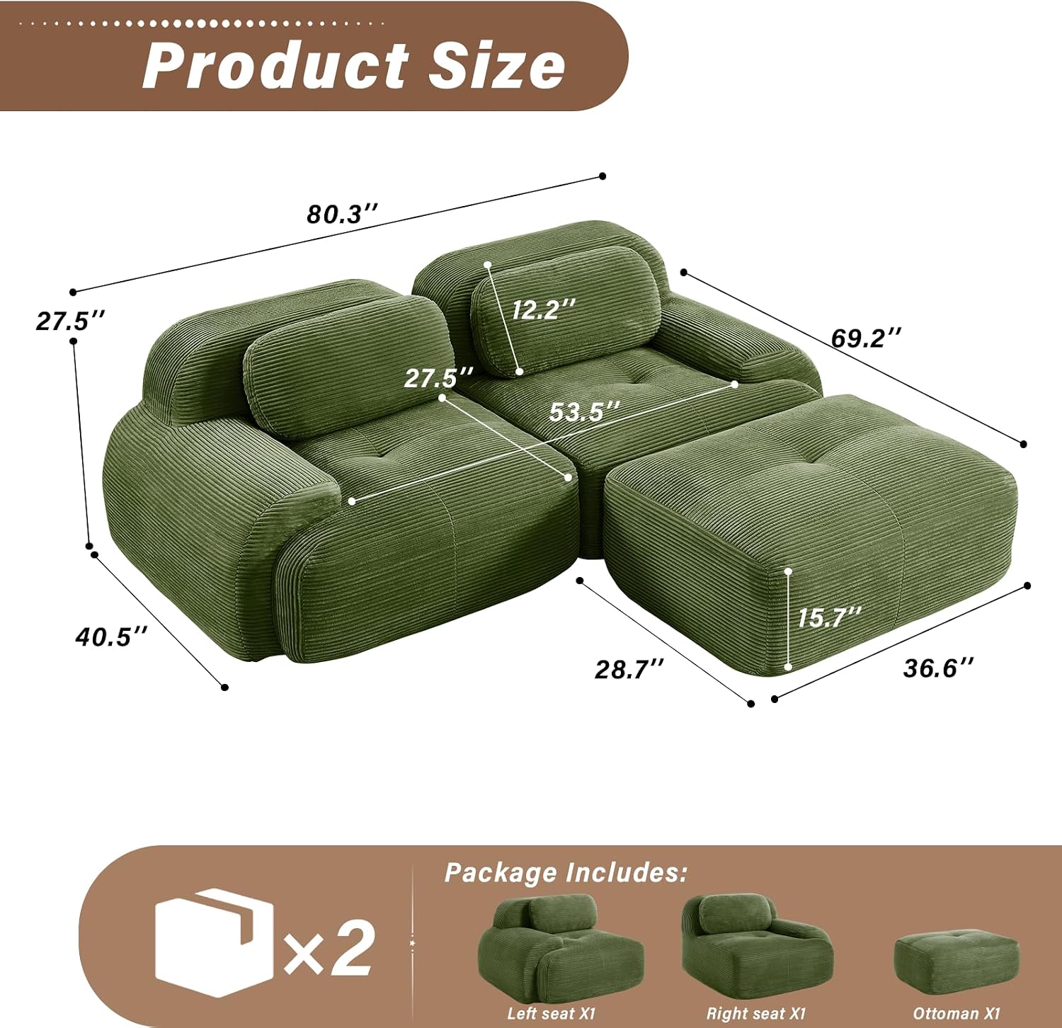SoarFlash 81” Sectional Cloud Boneless Sofa Couches for Living Room-2 Seater L-Shaped Modern Lounge Couch-No Assembly Modular Corduroy Convertible Sponge Sleeper Sofas with Chaise for Home House,Green