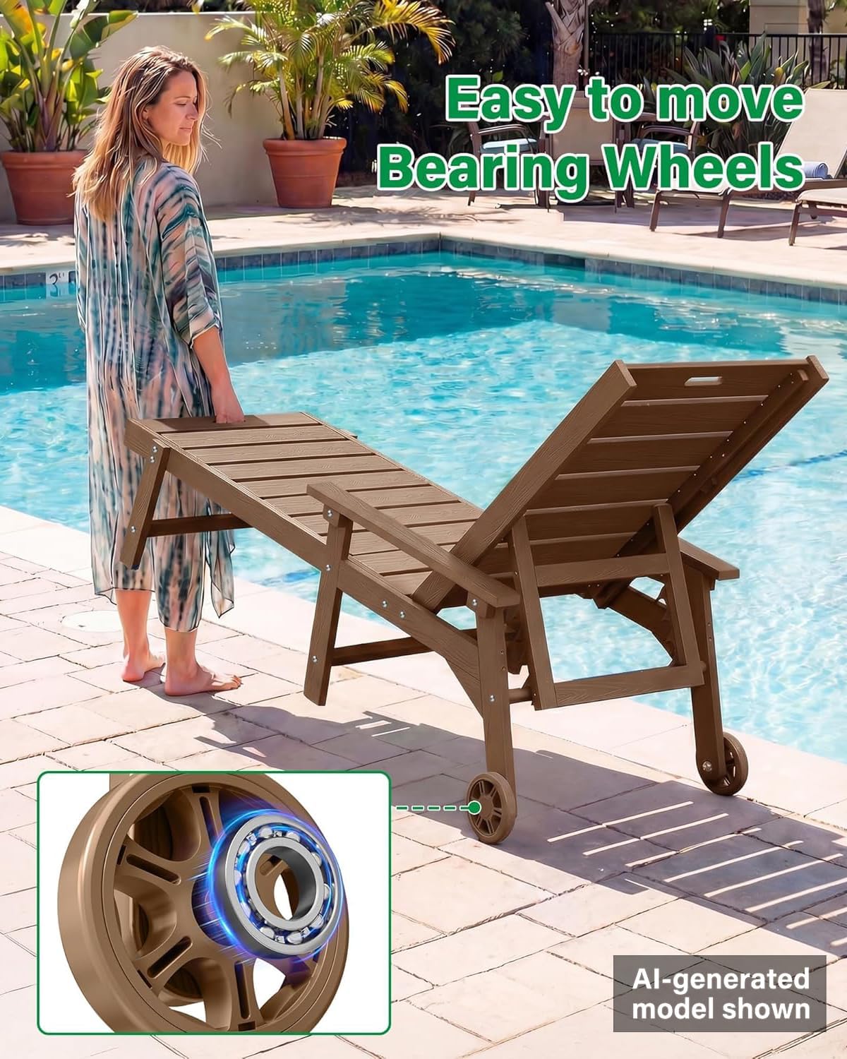 YEFU Lounge Chair Outdoor Set of 2: Outdoor Chaise Lounge with 5-Level Adjustable Backrest, Cup Holders & Wheels, All-Weather Resistance Chaise Lounge for Outside/Patio/Beach/Deck, Teak