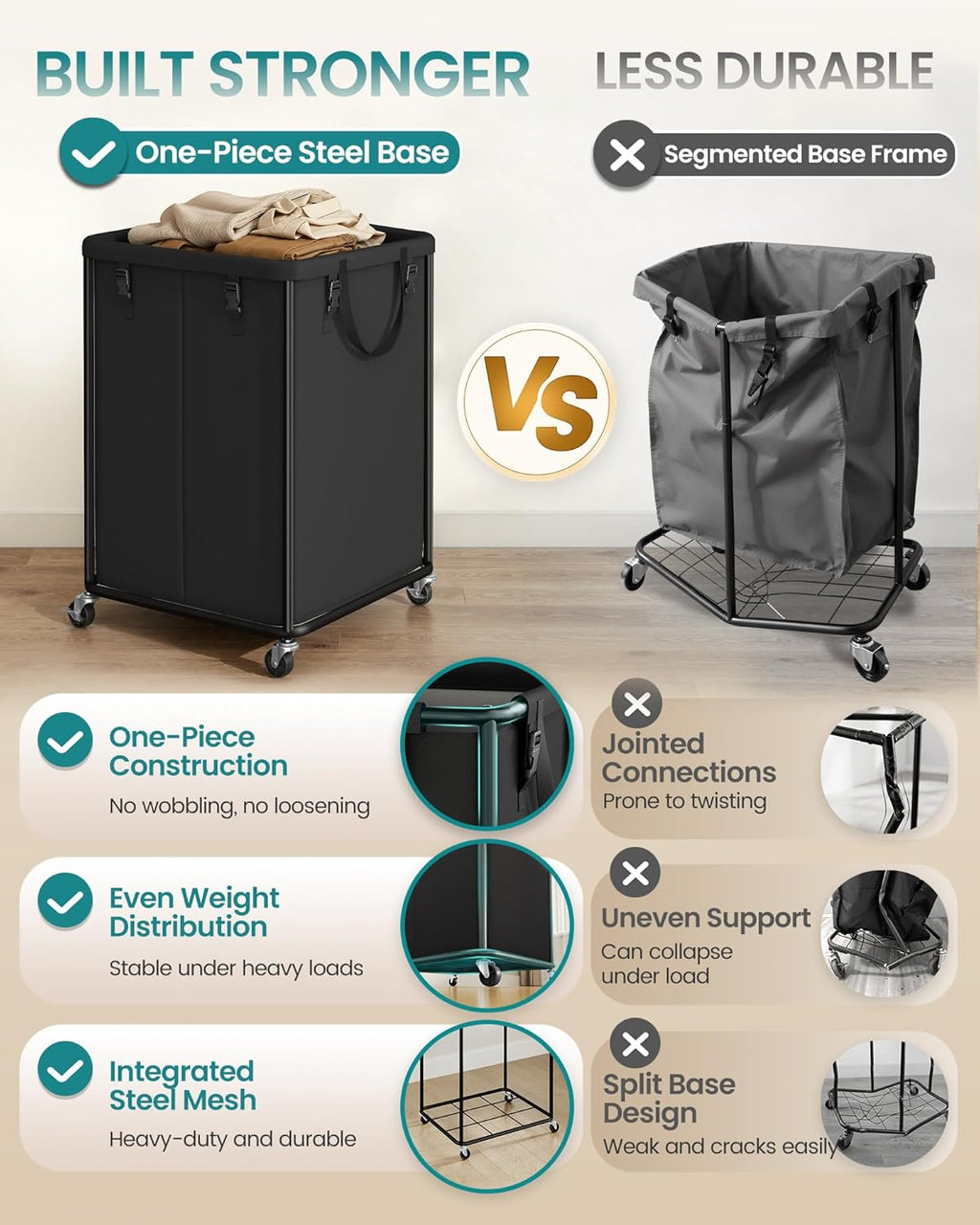 SONGMICS Laundry Basket with Wheels, Rolling Laundry Hamper with Steel Frame, Removable Liner Bag,45 Gallon (170 L), Ink Black URLS031BH01