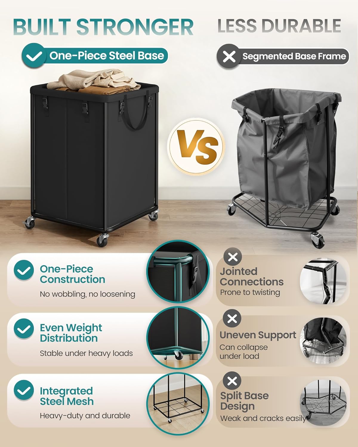 SONGMICS Laundry Basket with Wheels, Rolling Laundry Hamper with Steel Frame, Removable Liner Bag,45 Gallon (170 L), Ink Black URLS031BH01