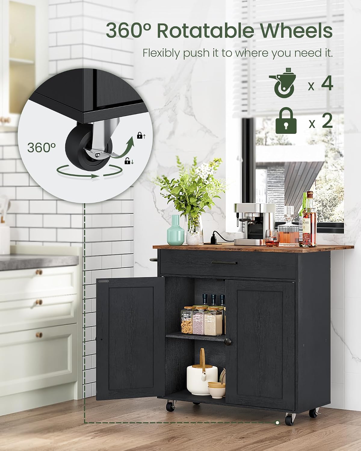CHOEZON Kitchen Island, Kitchen Island Cart with One Double Cabinet and Drawer, Rolling Storage Cart with Power Strip, with Drop Leaf, for Kitchen, Living Room, Black and Rustic Brown MZD01UBFN1