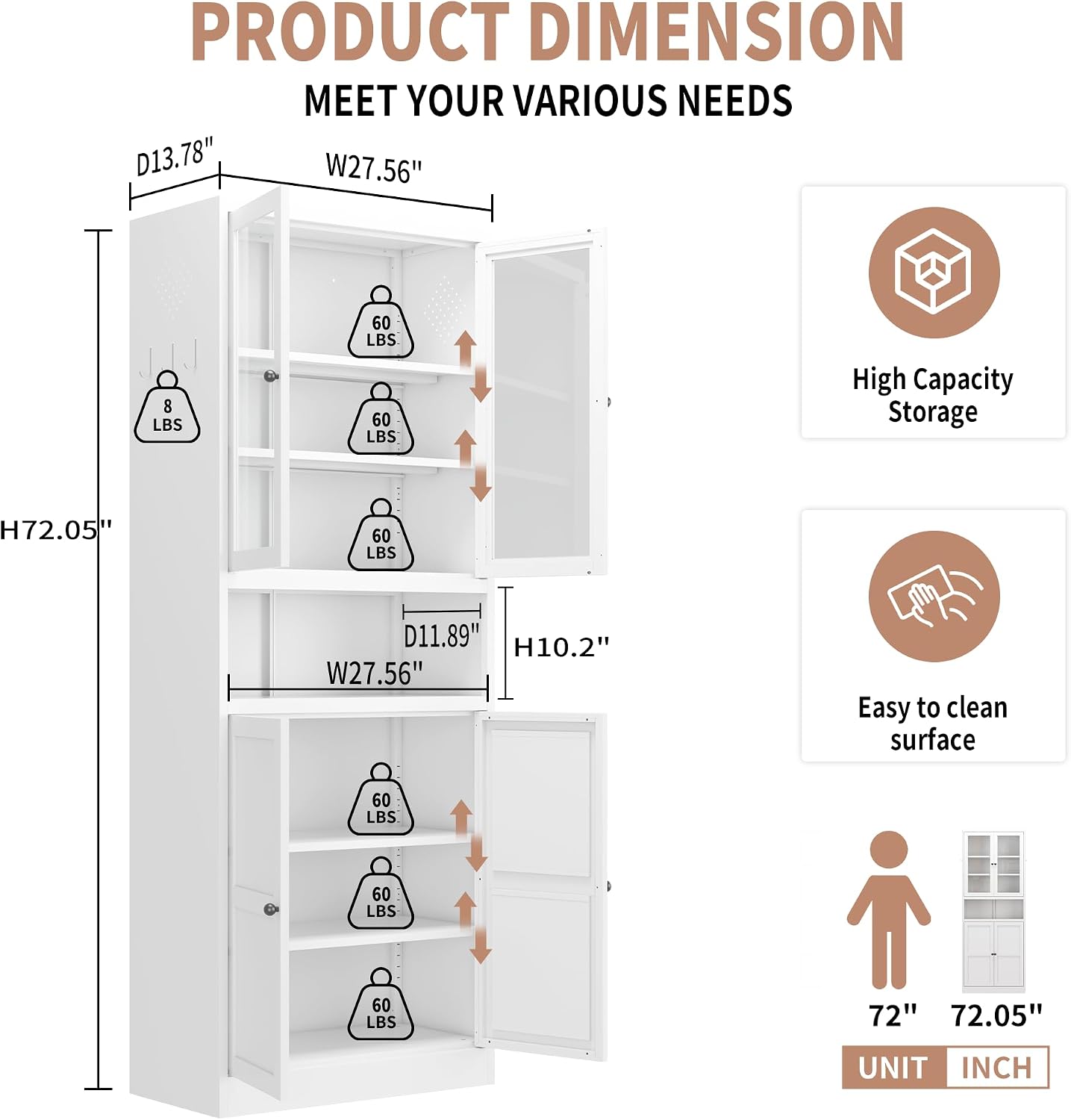 DSHADE 72" Tall Metal Kitchen Pantry Cabinet with Adjustable Shelves, Heavy-Duty Stainless Steel Frame, Magnetic Silent Closure, Vented Panels, Freestanding Storage for Kitchen/Pantry/Bathroom, White