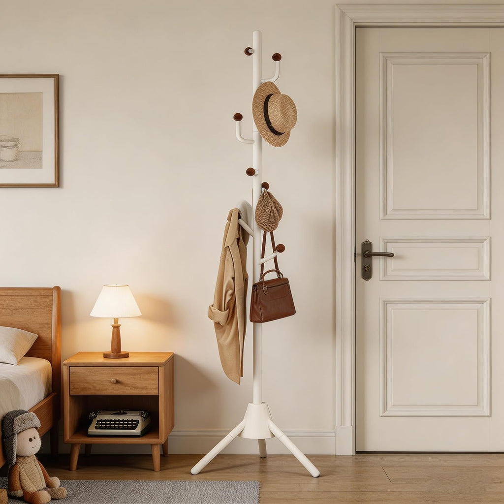 Heavy Duty Coat Rack, 8-Hook Freestanding Metal Clothes Tree Stand for Entryway, Hallway, Bedroom - Sturdy Triangle Base, Non-Tipping, Space Saving, White