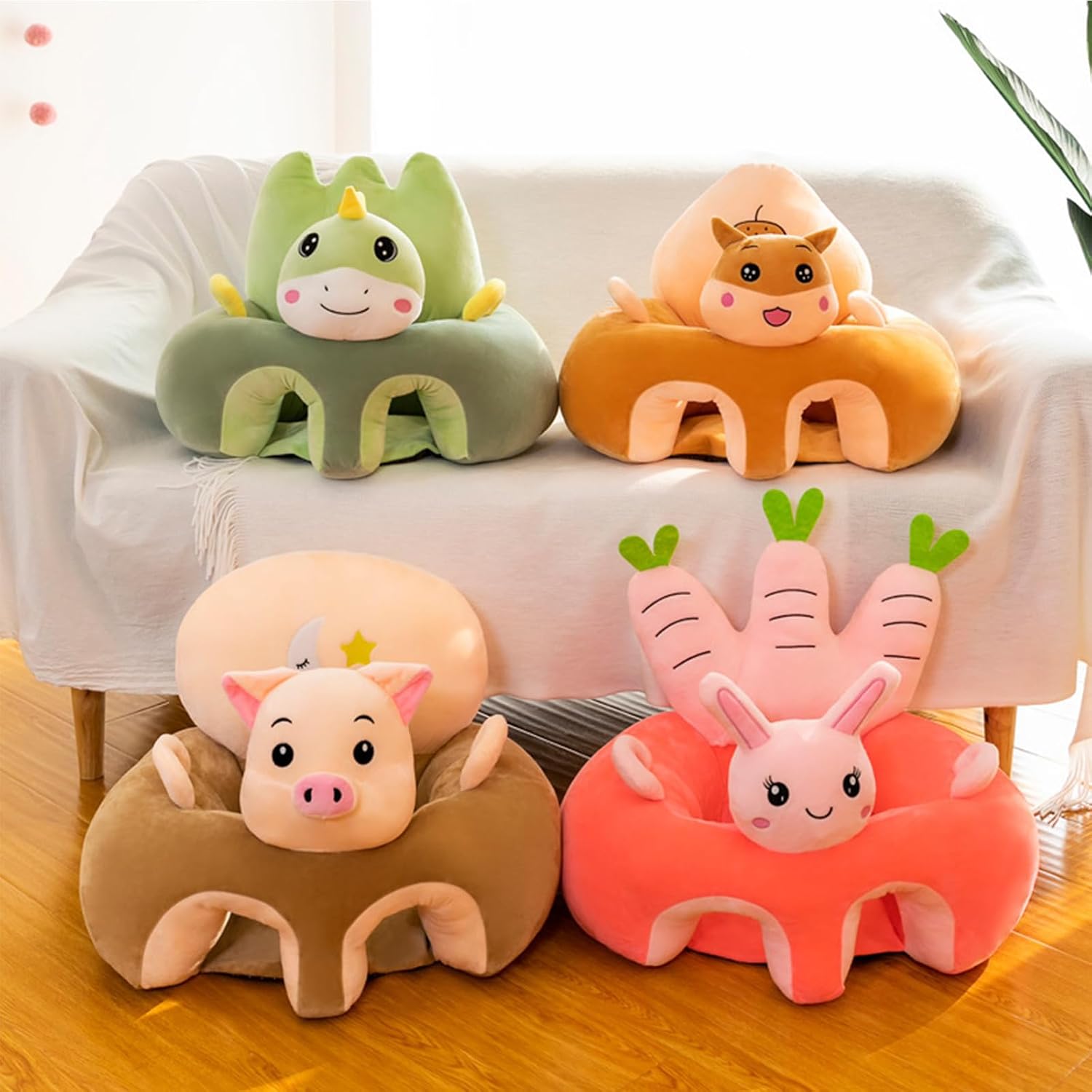 Baby Seat for Babies 3 Months & Up, Sit Me Up Floor Seat for Infants, Cartoon Back Head Support Sitting Infant Sofa, Toddler Plush Animal Shaped Learning Sitting Up Chair (Cow)