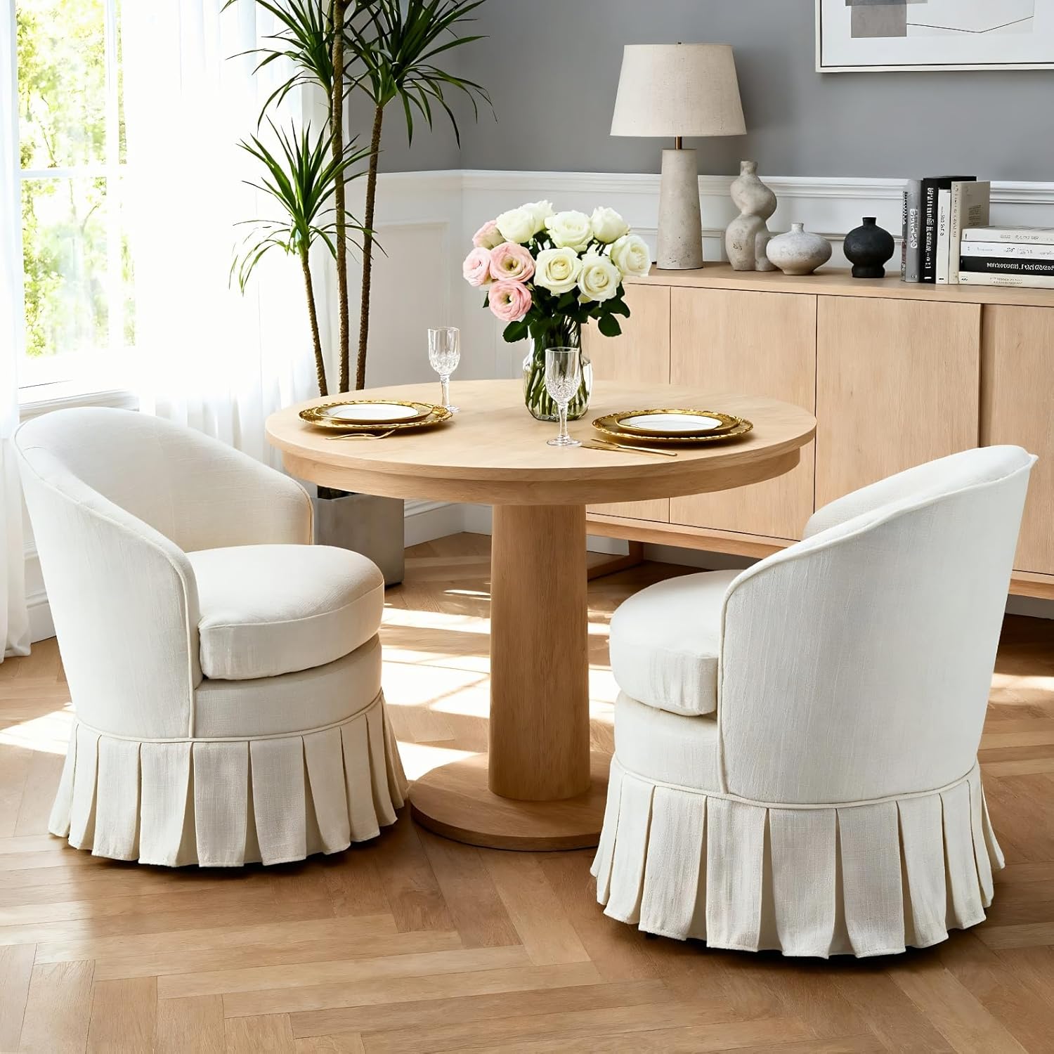 chairus Upholstered Dining Chairs Set of 2, Linen Barrel Dining Room Chairs with Pleated Skirt & Metal Legs, Modern Farmhouse Slipcovered Side Kitchen Chairs, Cream White