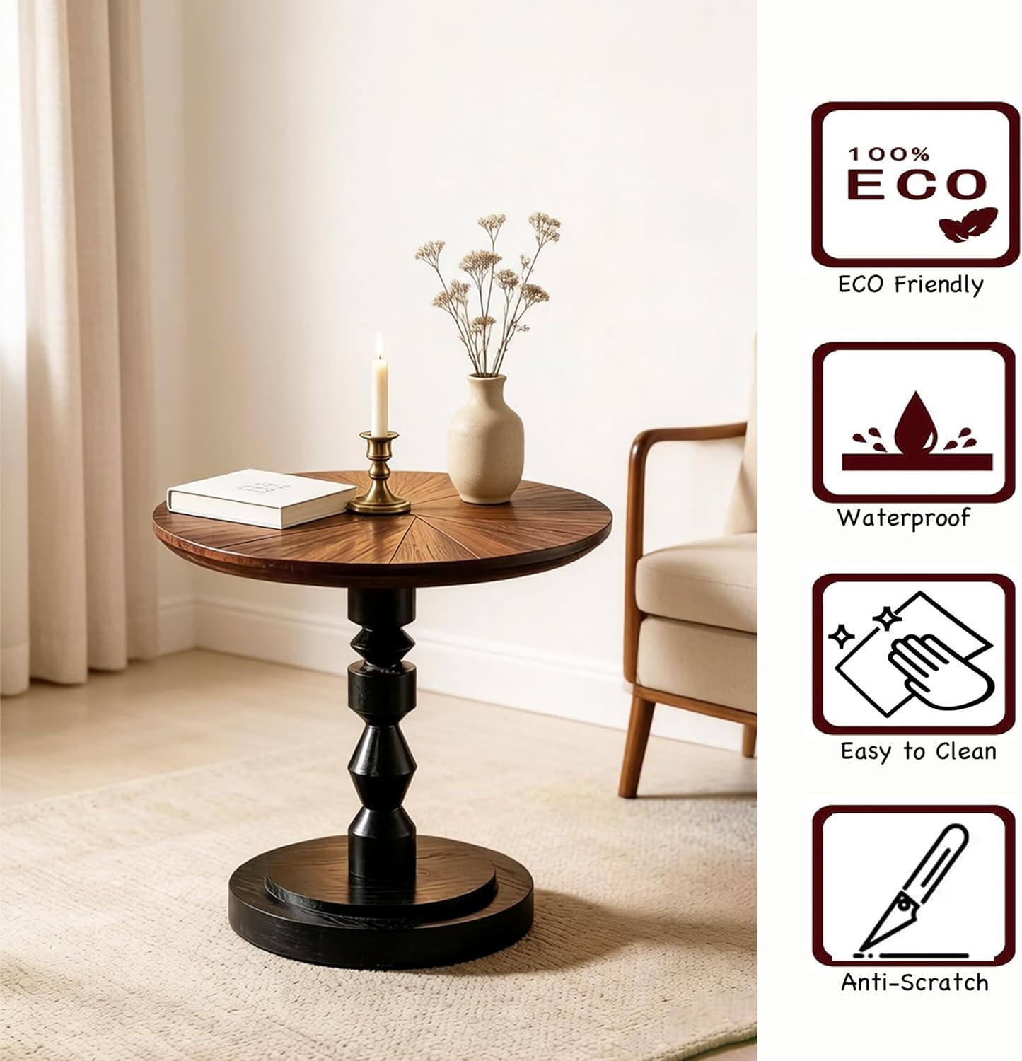 Round Side Table, Solid Cedar Wood Top with Pedestal Base, 24" Rustic Farmhouse End Table, Natural Brown and Black, for Living Room, Bedroom