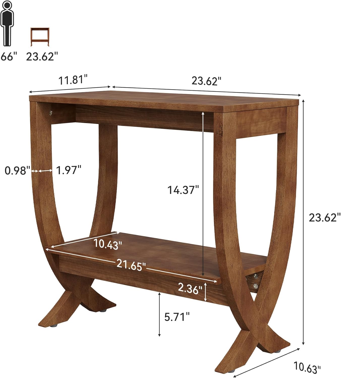 Solid End Table, 2-Tier Couch Side Table with Arched Legs for Small Space, Living Room, Easy Assembly, Rustic Walnut