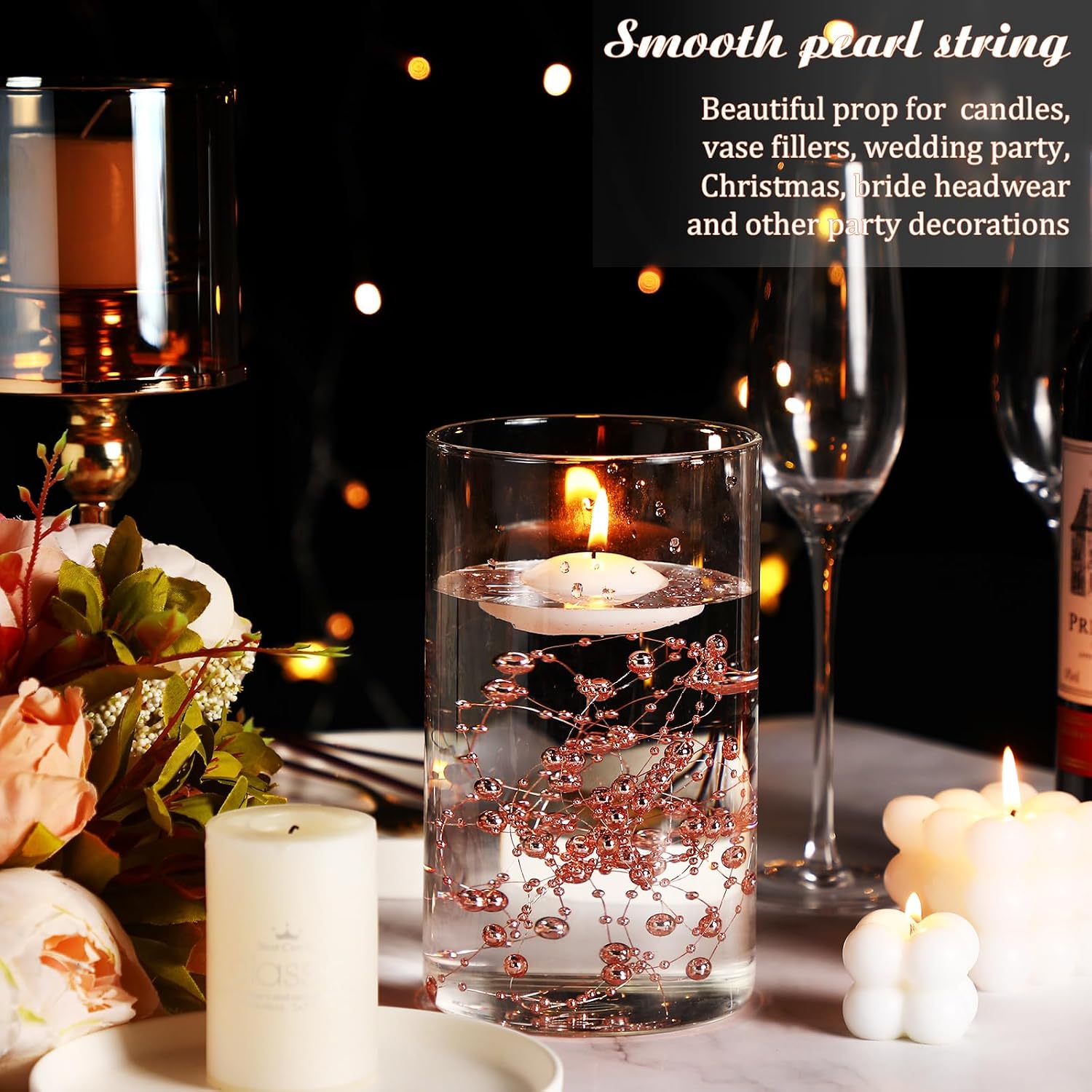 Hicarer 157 Feet 24 Strings Pearl String for Floating Candles Highlight Faux Pearl as Vase Filler Ideal for Wedding Party Garland Home Table Centerpieces Decor(Rose Gold)