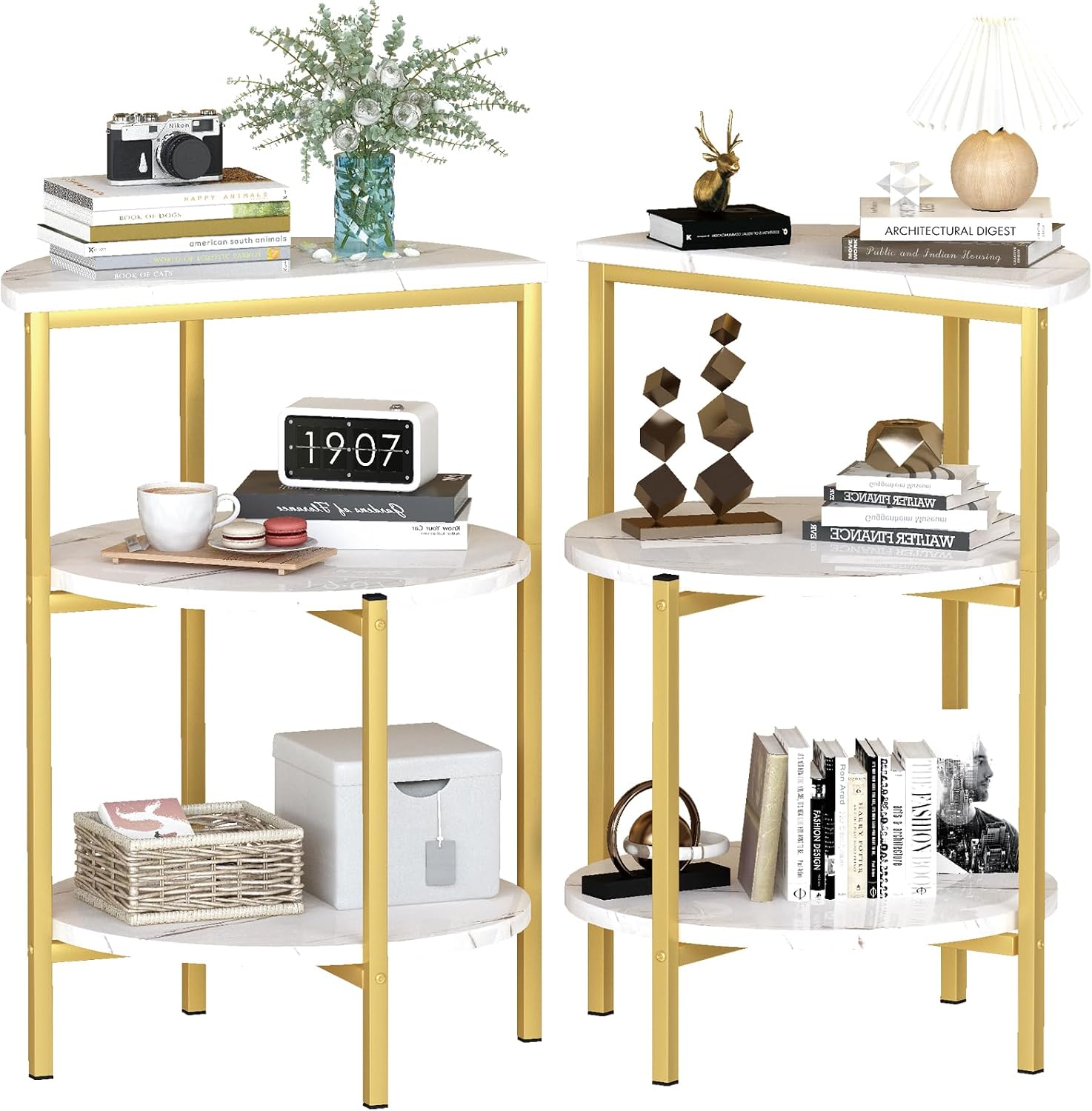 AWQM Marble Side End Table Set, 3-Tier Sofa Side Table, Small Round Coffee, Table Bedside Table of 2, Corner Table w/Metal Frame for Living Room Bedroom, White+Gold
