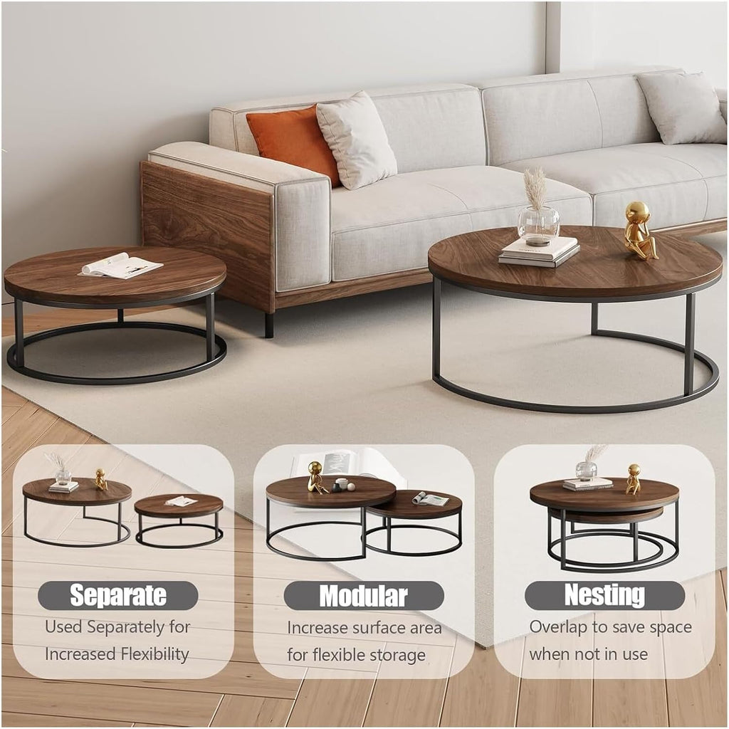 Round Nesting Coffee Table Set of 2, Modern Minimalist Accent Tables for Living Room, Bedroom, Office, Stackable Side Tables(Walnut)