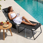 Tangkula Beach Lounge Chair for Outside, Folding Chaise Lounge Outdoor with 4-Position Backrest, Removable Headrest and Side Pocket, Portable Sunbathing Tanning Chair for Patio, Poolside (1, Black)