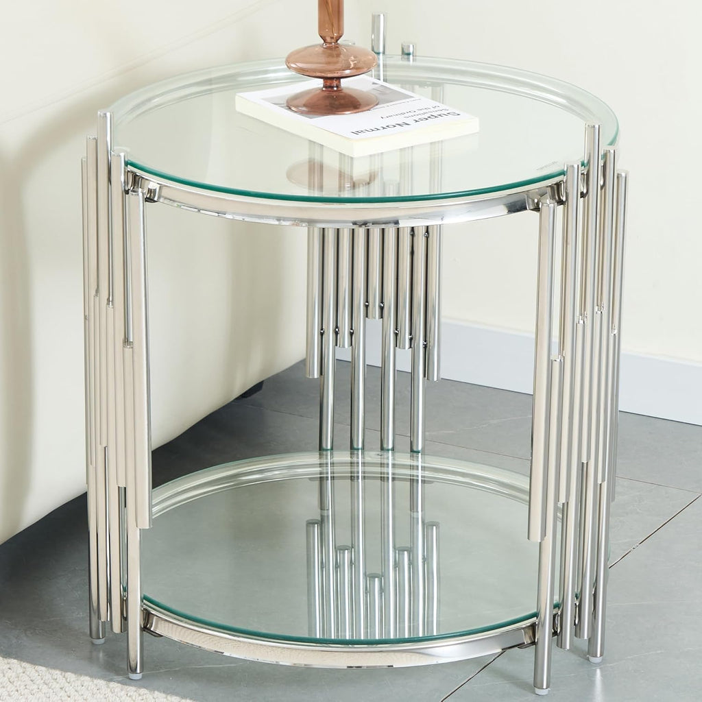 Modern Glass End Table, 19.69" Round Sofa Side Table with Silver Stainless Steel Frame and Clear Glass Top, Cocktail Tea Table, Luxury 2-Tier End Table with Storage Shelves for Home Office
