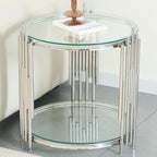 Modern Glass End Table, 19.69" Round Sofa Side Table with Silver Stainless Steel Frame and Clear Glass Top, Cocktail Tea Table, Luxury 2-Tier End Table with Storage Shelves for Home Office
