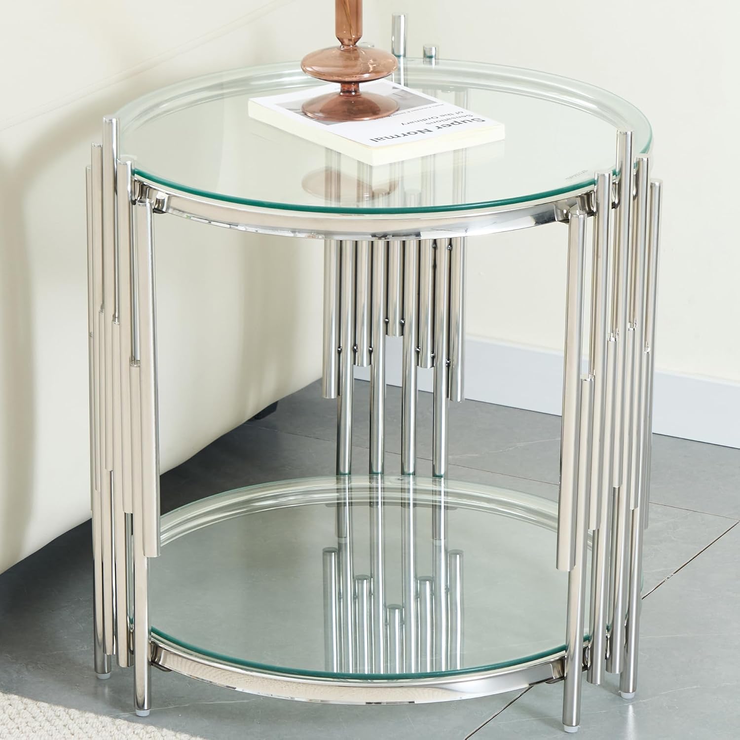Modern Glass End Table, 19.69" Round Sofa Side Table with Silver Stainless Steel Frame and Clear Glass Top, Cocktail Tea Table, Luxury 2-Tier End Table with Storage Shelves for Home Office