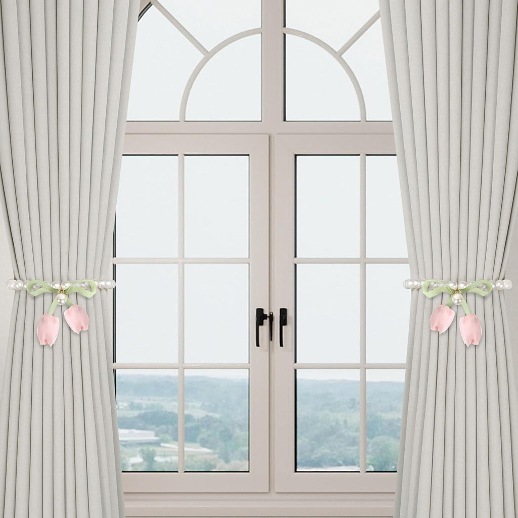 Meplait 2 Pack Magnetic Curtain Tiebacks, Curtain Holdbacks with Tulip Flower & Pearl Adjustable No Drill Curtain Tie Backs for Living Room Bedroom Baby Nursery Home Decor (Pink)