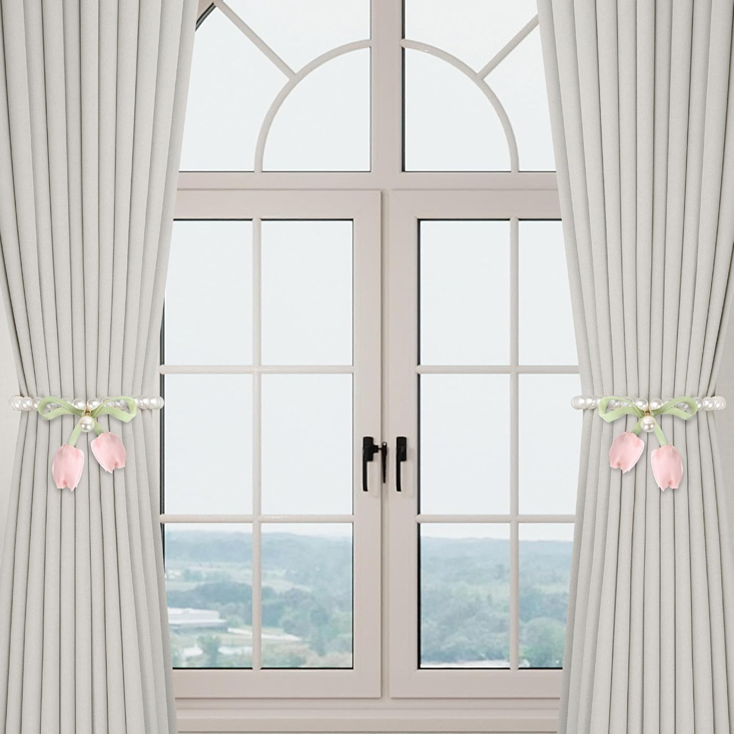 Meplait 2 Pack Magnetic Curtain Tiebacks, Curtain Holdbacks with Tulip Flower & Pearl Adjustable No Drill Curtain Tie Backs for Living Room Bedroom Baby Nursery Home Decor (Pink)