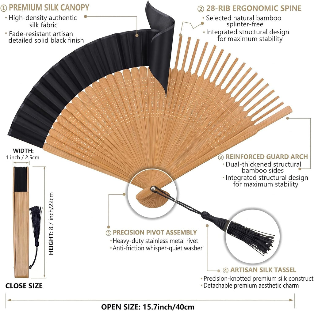 Japanese Folding Hand Fan for Women - Bamboo Silk Handheld Foldable Fan with Tassel & Pouch for Hot Flashes, Rave, Church, Gift,Wedding - Whisper-Quiet, Purse Size (Bamboo Black)