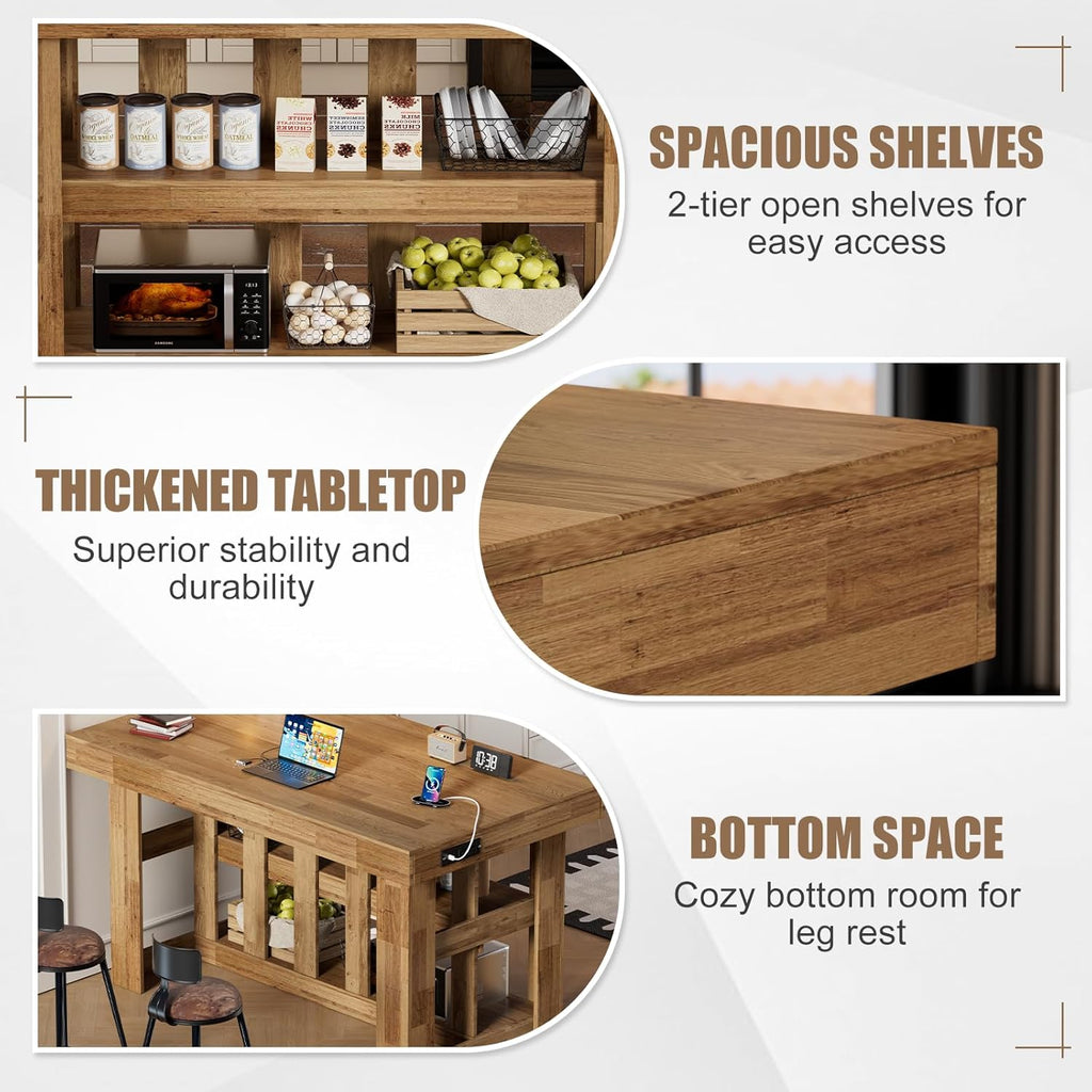 PAKASEPT 55" Kitchen Island with Storage, 3-Tier Farmhouse Wood Island Table with Power Outlets,Shelves for Kitchen, Dining Table for 4,Dining Room,Living Room,Home Bar,Brown