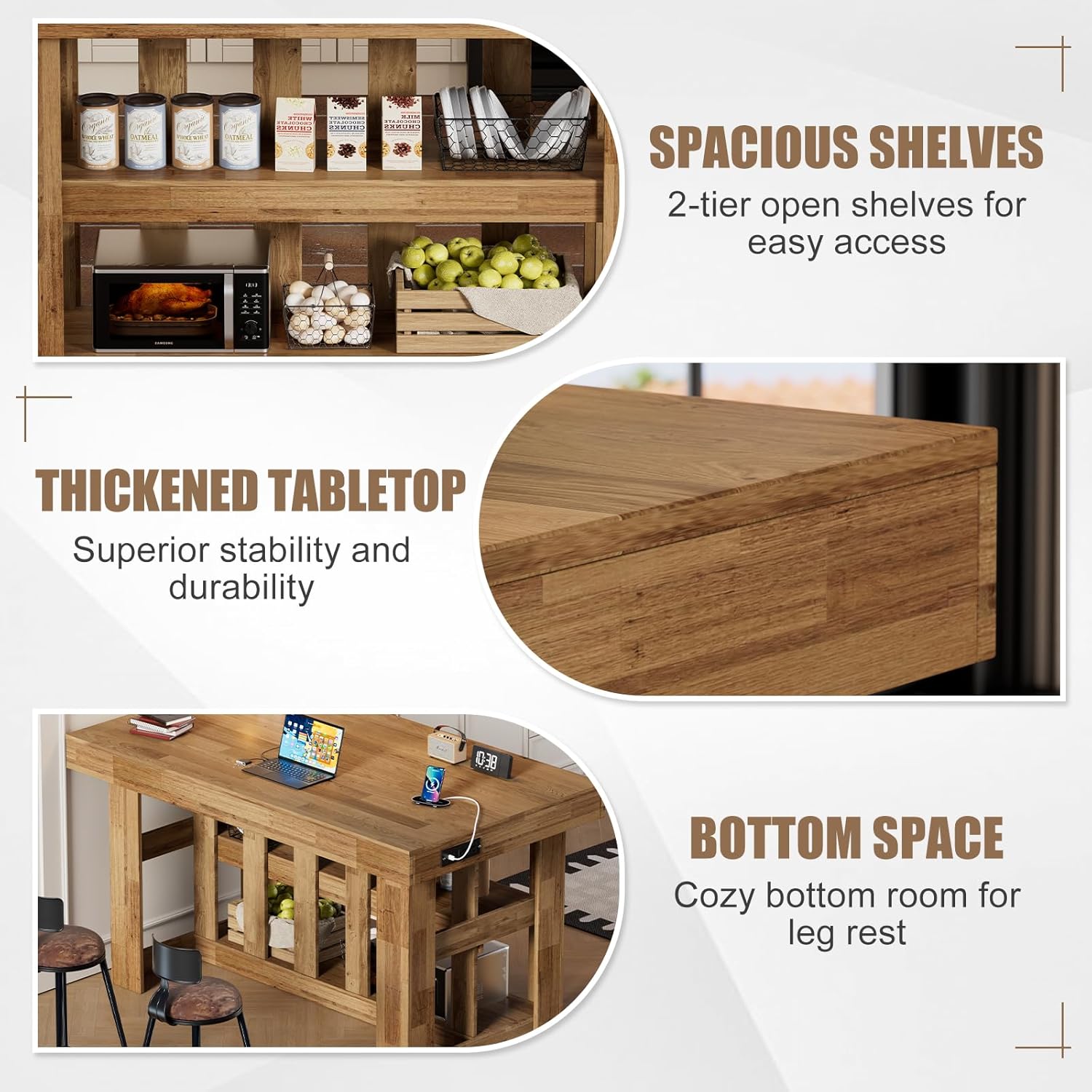 PAKASEPT 55" Kitchen Island with Storage, 3-Tier Farmhouse Wood Island Table with Power Outlets,Shelves for Kitchen, Dining Table for 4,Dining Room,Living Room,Home Bar,Brown