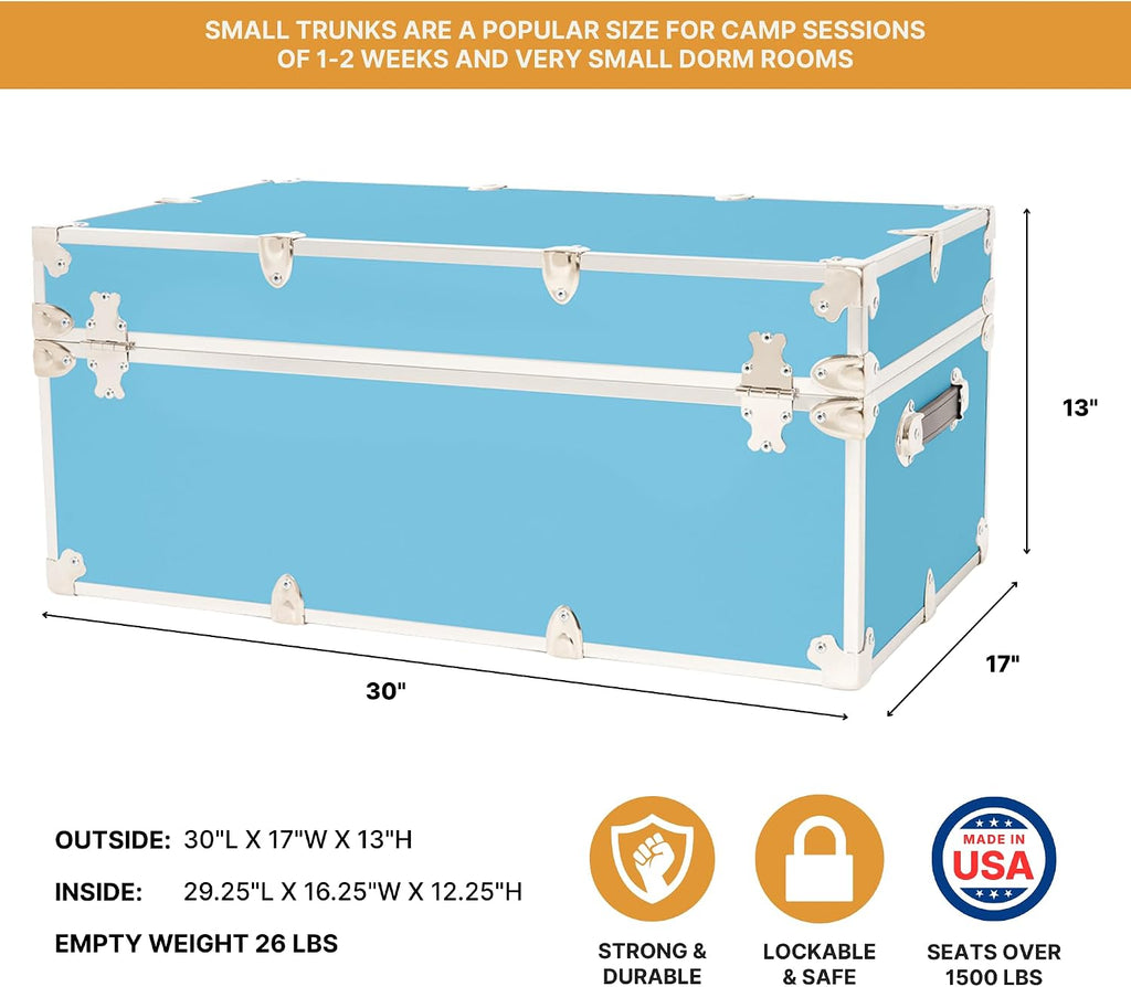 Rhino Trunk & Case Classic Camp & College Trunk with Wheels. 30"x17"x13", 1500+ lbs Capacity - Many Colors, Soft-Close Lid. Strong, USA Made Summer Camp Footlocker and Secure Dorm Storage Chest
