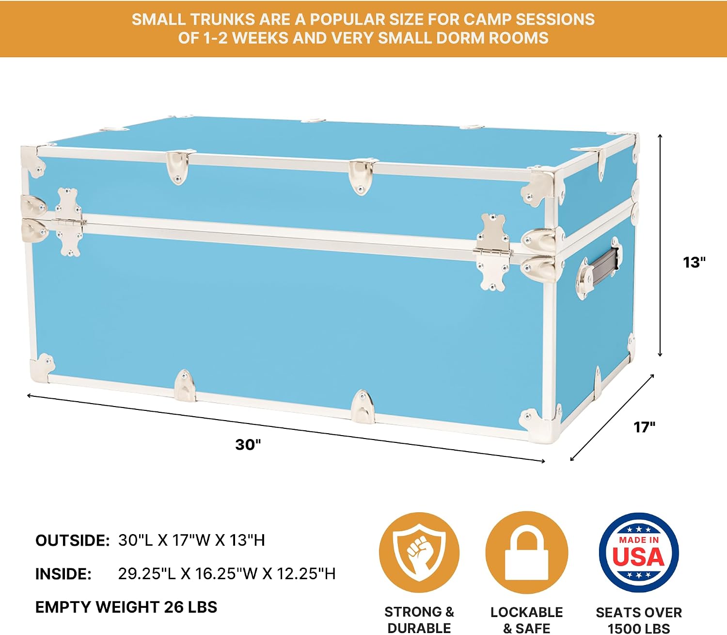 Rhino Trunk & Case Classic Camp & College Trunk with Wheels. 30"x17"x13", 1500+ lbs Capacity - Many Colors, Soft-Close Lid. Strong, USA Made Summer Camp Footlocker and Secure Dorm Storage Chest