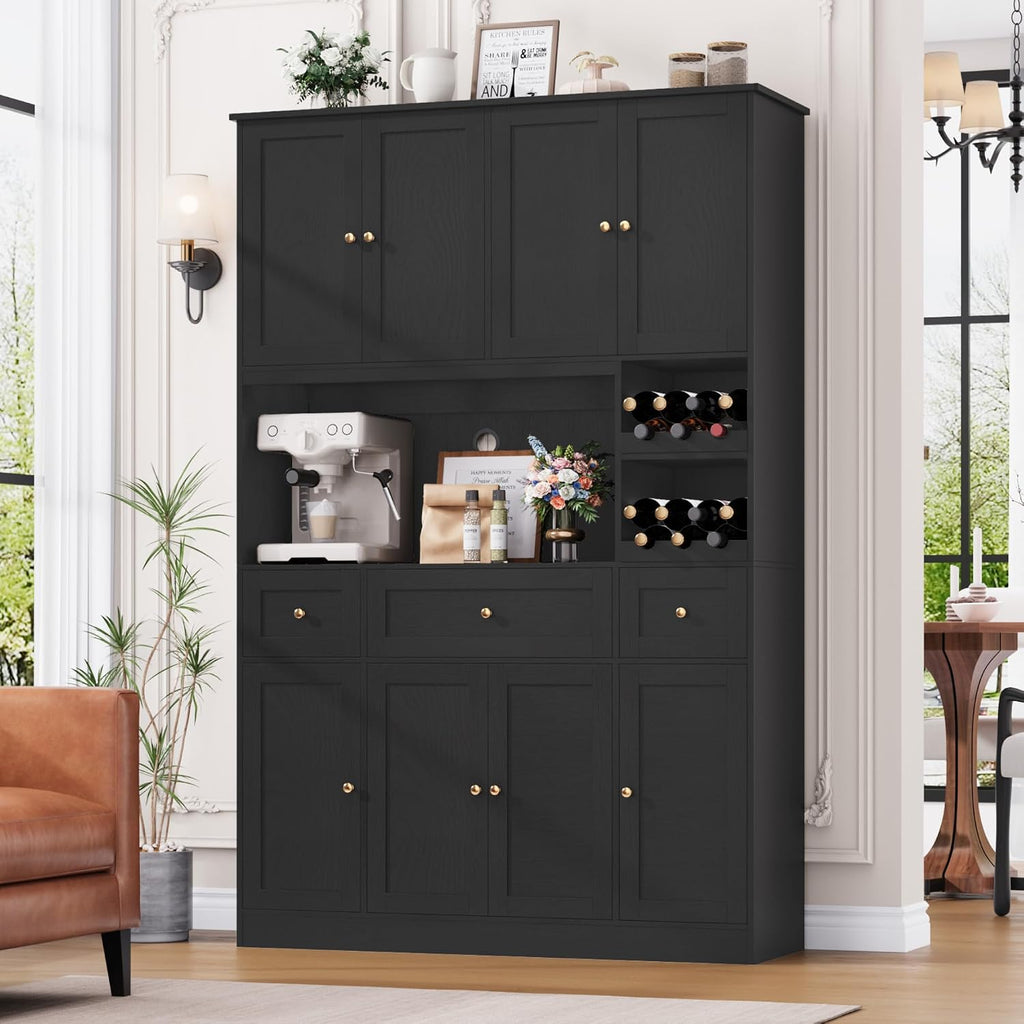 BOTLOG 72" Tall Black Pantry Cabinet, Kitchen Hutch with Wine Rack, Microwave Stand, Buffet Cabinet with Hutch for Dining Room Kitchen, Home Bar Black