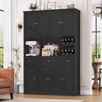 BOTLOG 72" Tall Black Pantry Cabinet, Kitchen Hutch with Wine Rack, Microwave Stand, Buffet Cabinet with Hutch for Dining Room Kitchen, Home Bar Black