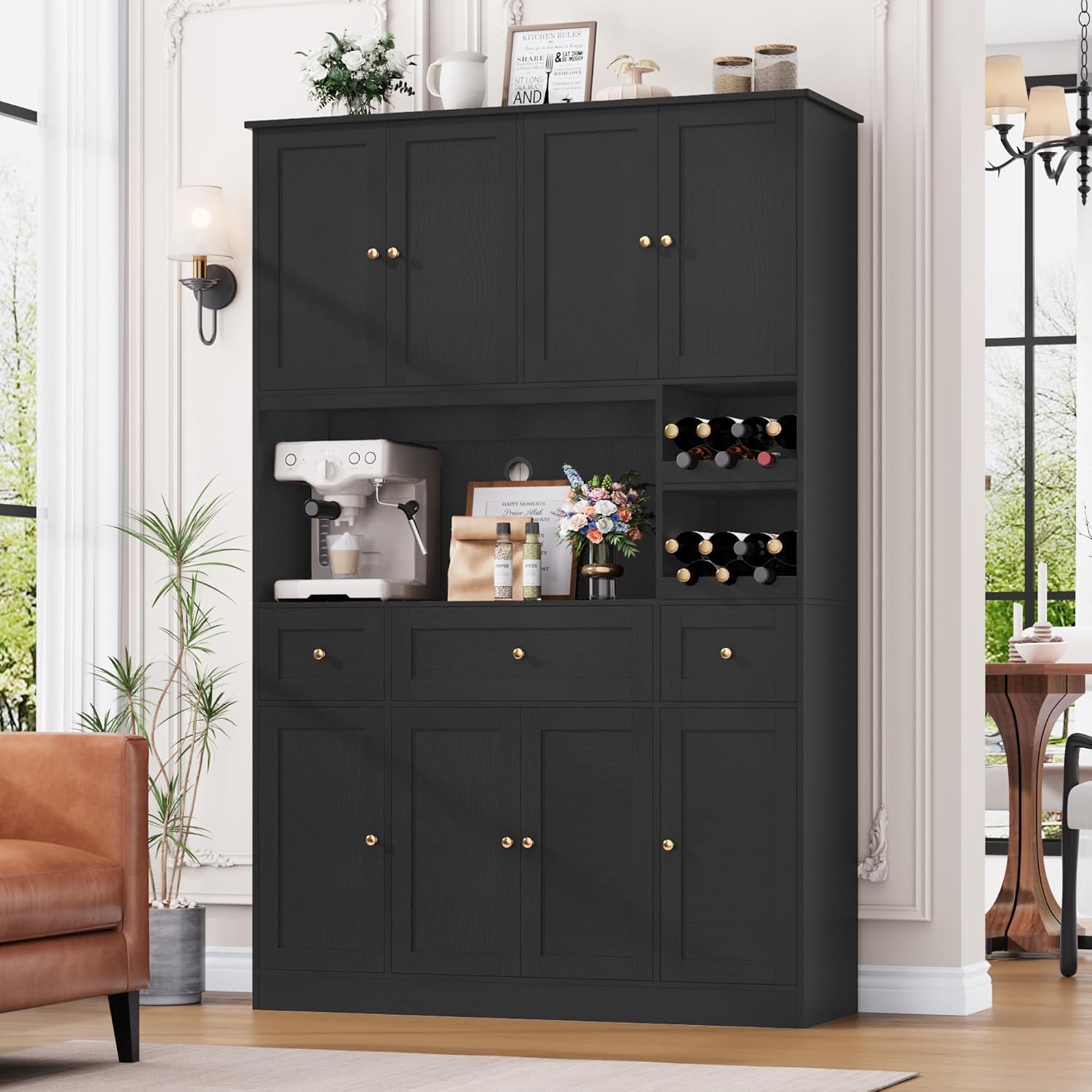 BOTLOG 72" Tall Black Pantry Cabinet, Kitchen Hutch with Wine Rack, Microwave Stand, Buffet Cabinet with Hutch for Dining Room Kitchen, Home Bar Black