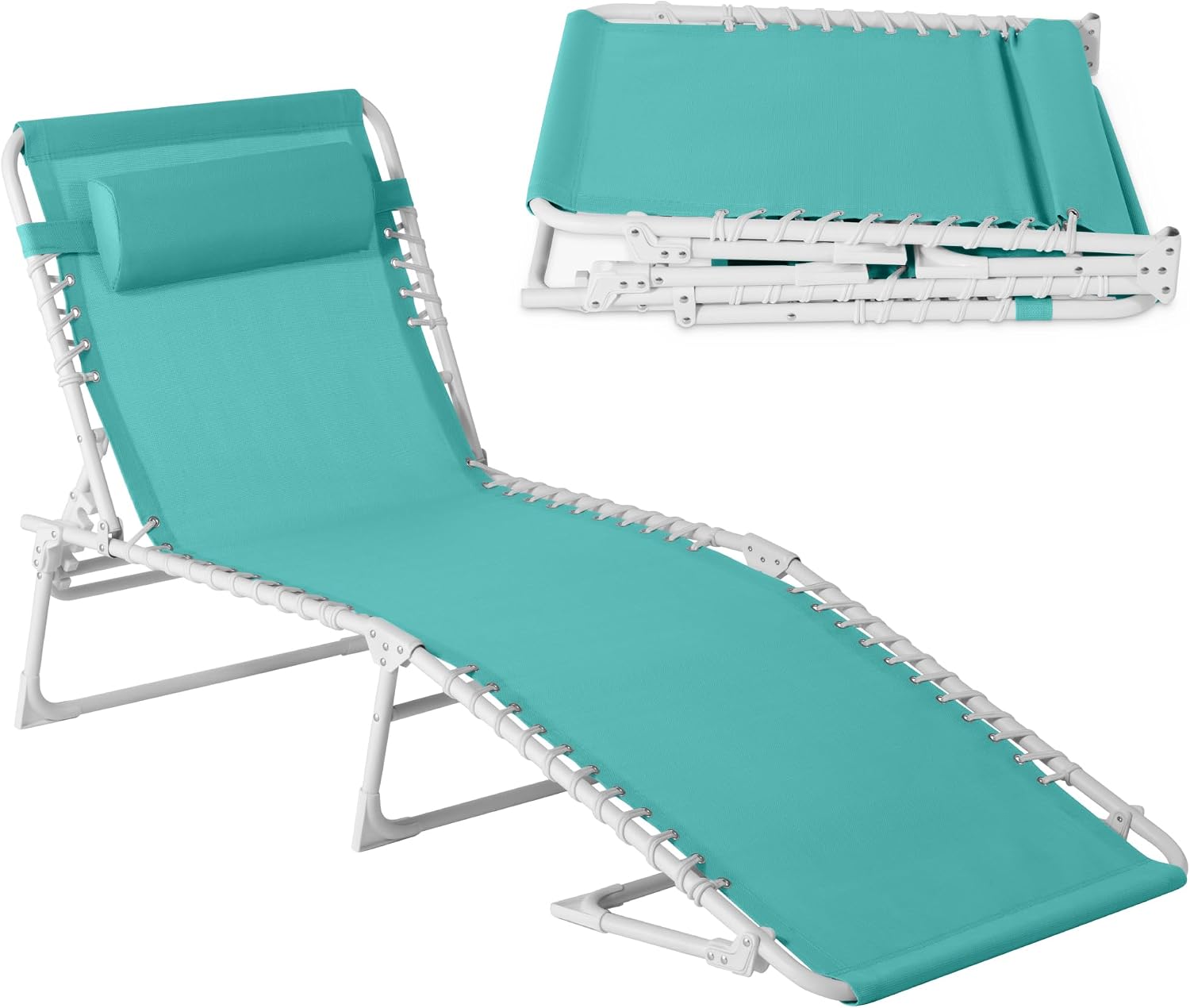 Best Choice Products Patio Chaise Lounge Chair, Portable Outdoor Folding Recliner for Lawn, w/ 8 Positions, Handles, 300lb Capacity - Light Blue/White
