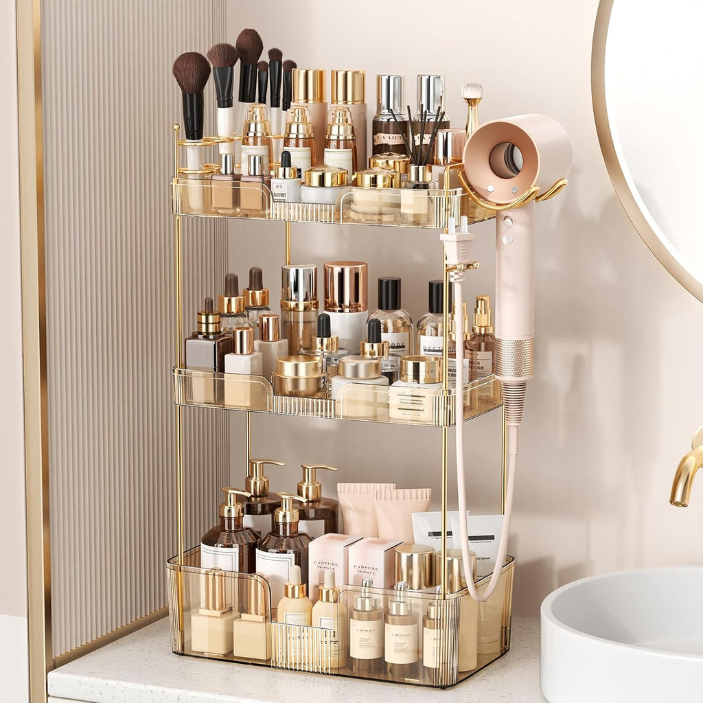 Bathroom Counter Organizer for Vanity, Makeup Organizer Countertop with Holder, Large Capacity Storage Rack, Perfect Large Skincare, Hair Care, Perfume, Easy to Install (Gold, 3Tiers)