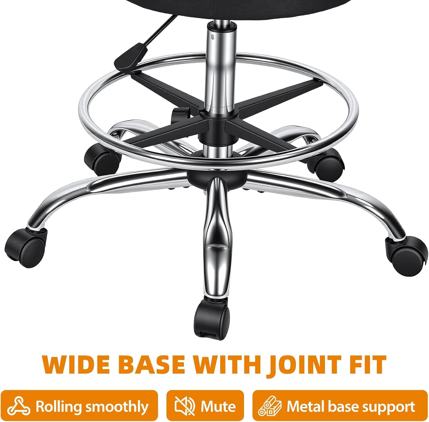 Height Adjustable Drafting Stool with Backrest, Tall Office Faux Leather Chair with Footrest Ring, Heavy Duty Rolling Swivel Stool 250lbs Capacity for Standing Desk, Salon, Bar, Studio Black