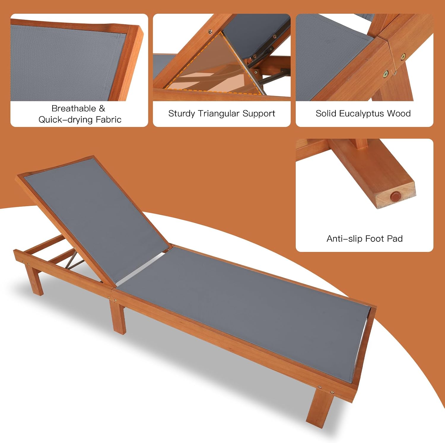 Tangkula Wood Lounge Chair Outdoor Set of 2, Patio Chaise Lounger with 5 Position Adjustable Back, Eucalyptus Wood Reclining Lounge Chair with Breathable Fabric for Poolside Lawn Backyard (Grey)