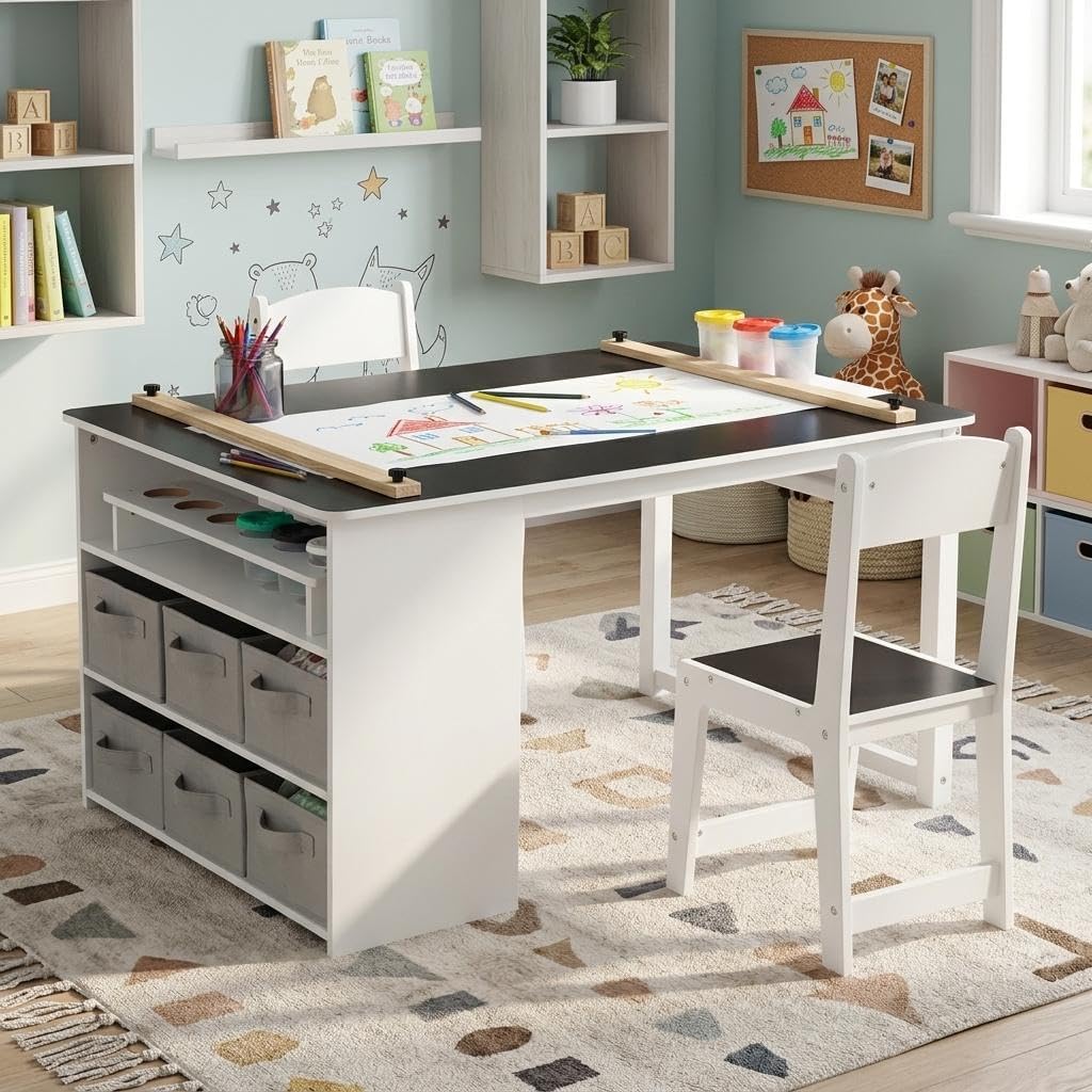 GarveeLife Kids Art Table and 2 Chairs Set with Large Storage Desk, Portable Art Supply Organizer - Multi-Function Drawing, Activity, and Study Table for Children, Wooden Craft Furniture