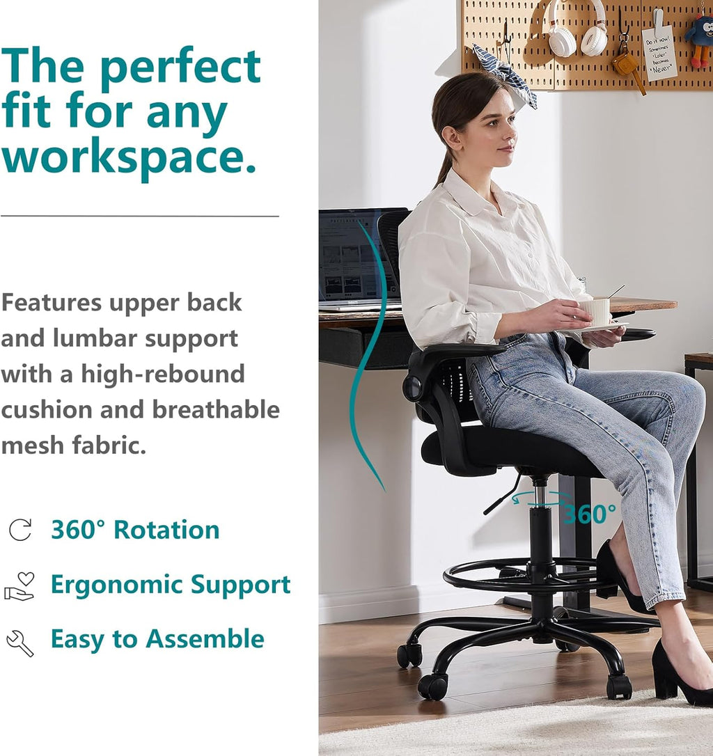 DUMOS Drafting Chair for Standing Desk, Counter Height Adjustable, Flip-up Arms, Ergonomic Mid Back Mesh Rolling Work 360° Swivel Office Computer Chairs with Wheels, for Bedroom Livingroom, Ink