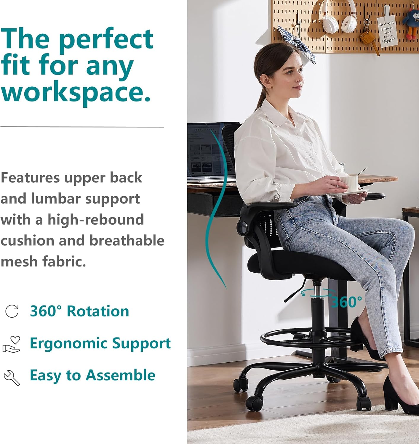 DUMOS Drafting Chair for Standing Desk, Counter Height Adjustable, Flip-up Arms, Ergonomic Mid Back Mesh Rolling Work 360° Swivel Office Computer Chairs with Wheels, for Bedroom Livingroom, Ink