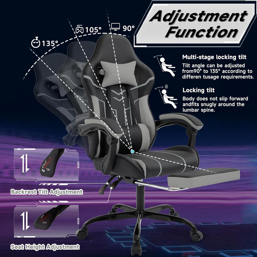 Gaming Desk Chair for Adults, Ergonomic Gaming Chair with Footrest & Headrest and Lumbar Support, Leather Material Height Adjustable Computer Video Game Chairs (Black+Gray)