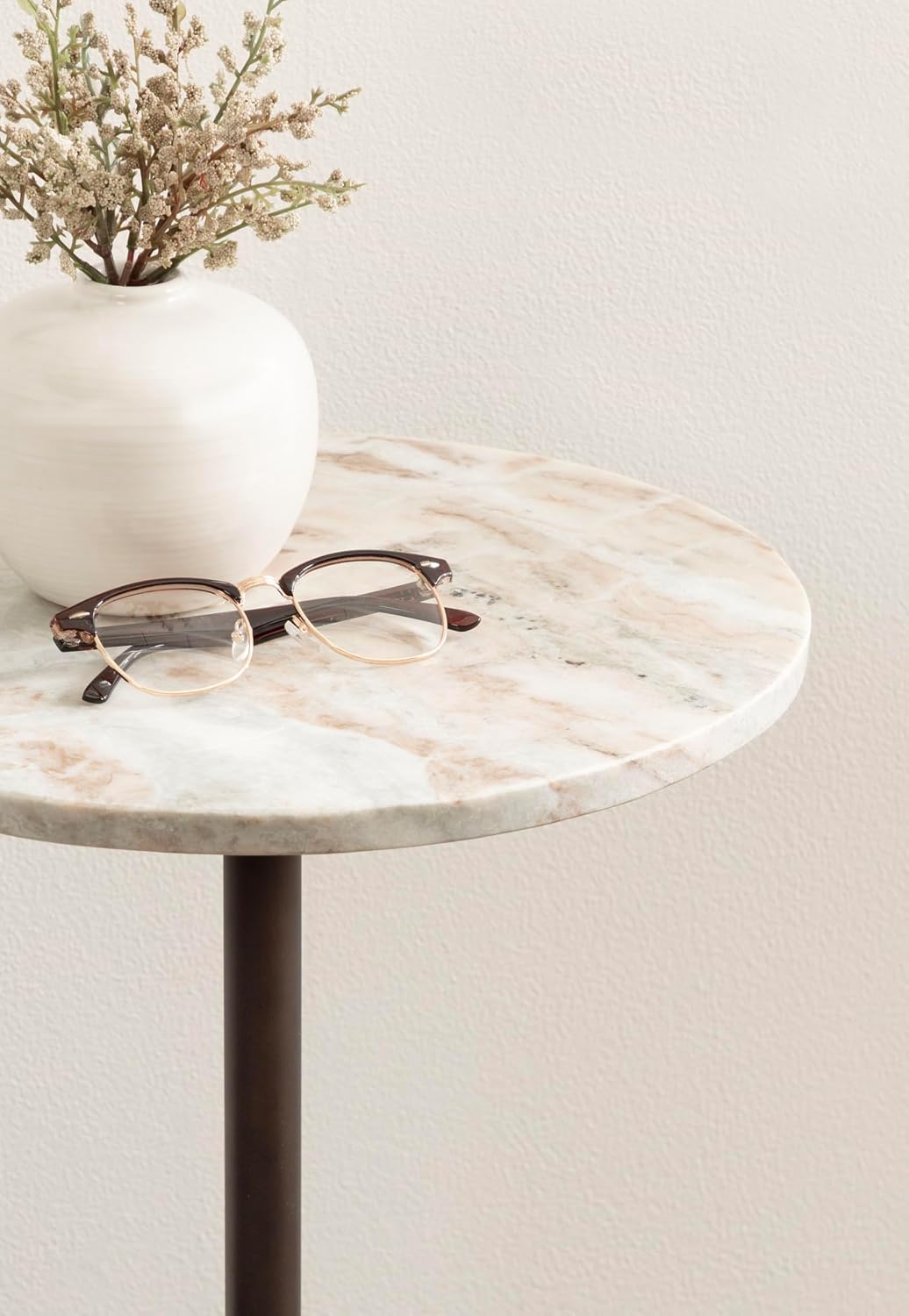 Kate and Laurel Tira Round Marble Side Table, 14 x 14 x 24, Brown Marble and Bronze, Decorative Pedestal End Table for Use as a Bedroom Nightstand or Living Room Plant Stand Table