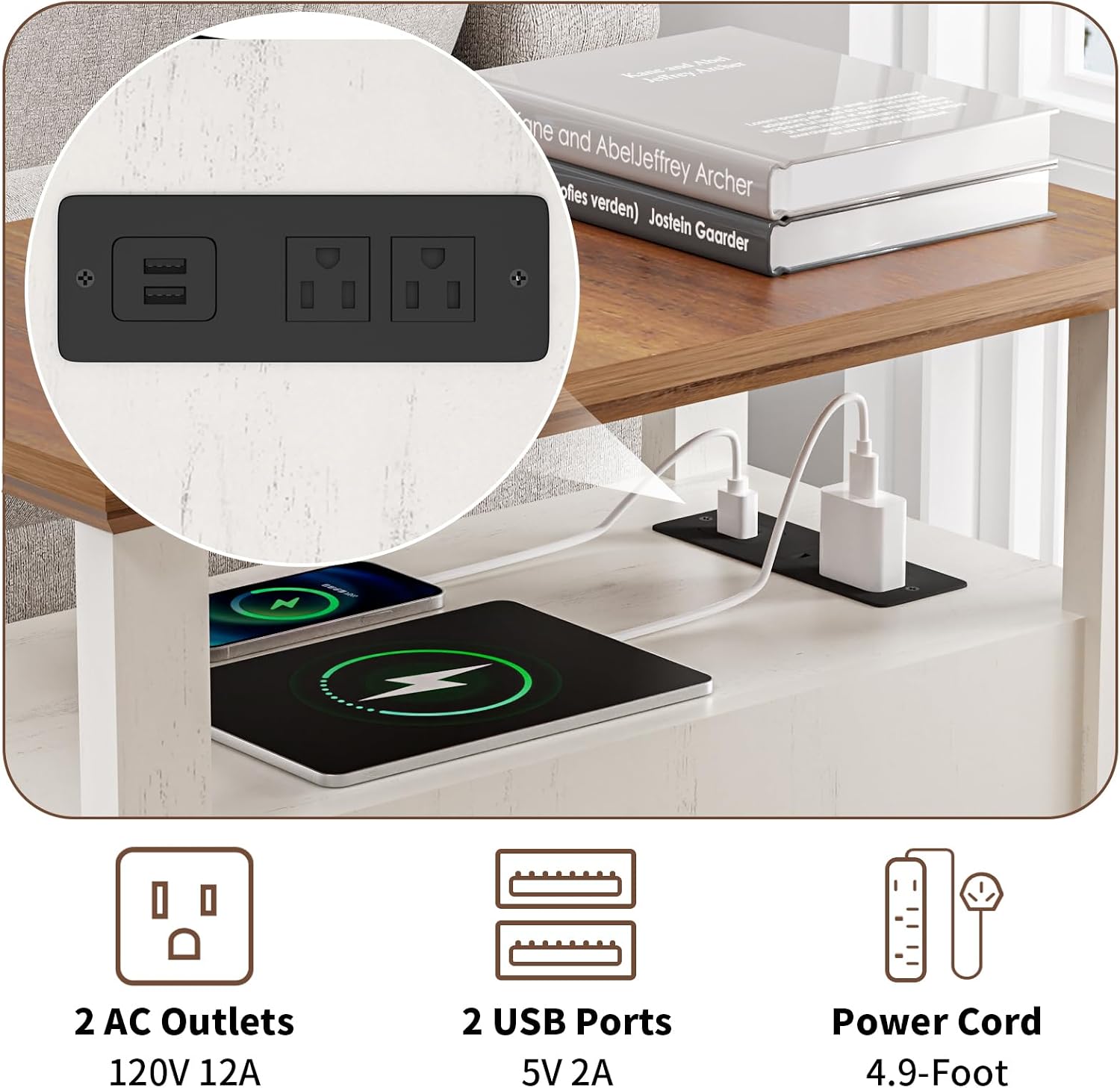 HOMMPA Narrow Side Table with Charging Station, 23.6'' W Farmhouse End Table with Open Shelf & Storage Drawers for Sofa Couch, Slim Rustic Sofa Side Table for Small Space, Living Room, Rustic White