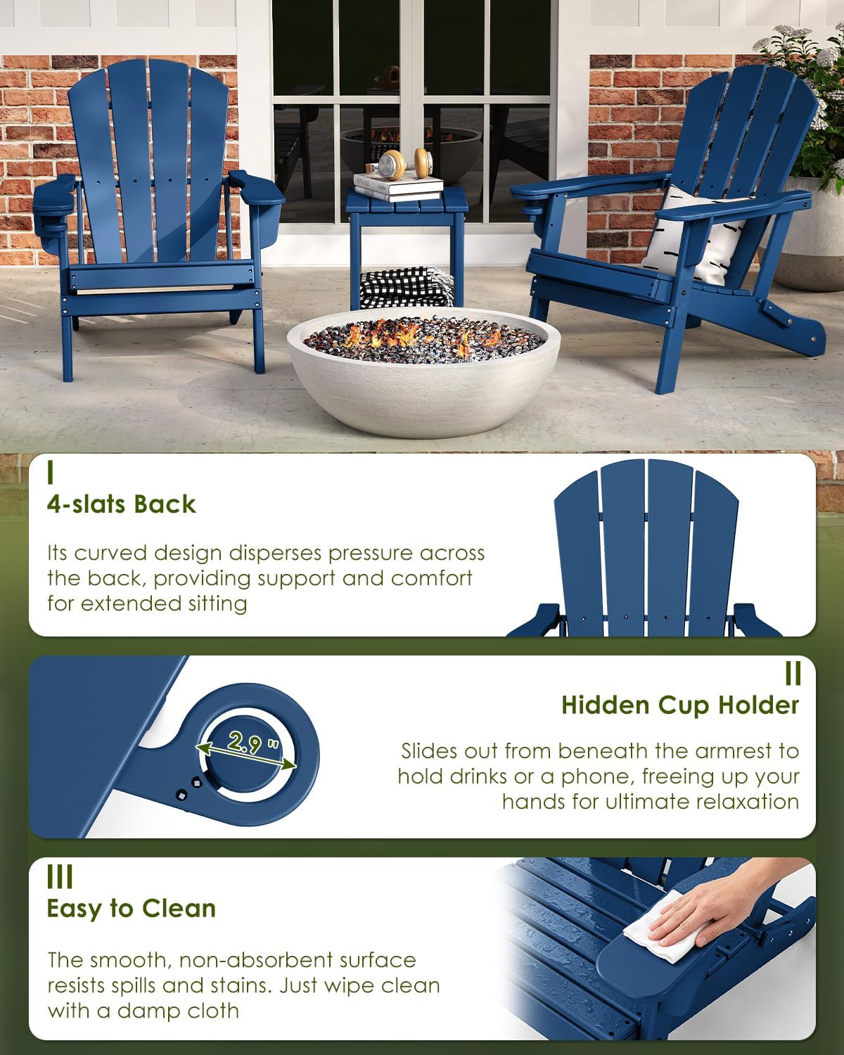 GREENVINES Folding-Adirondack-Chairs-Set-of-2 | w/Cup Holder | HDPE Plastic | All-Weather Patio Fire Pit Chairs | for Outdoor Poolside Deck | Blue